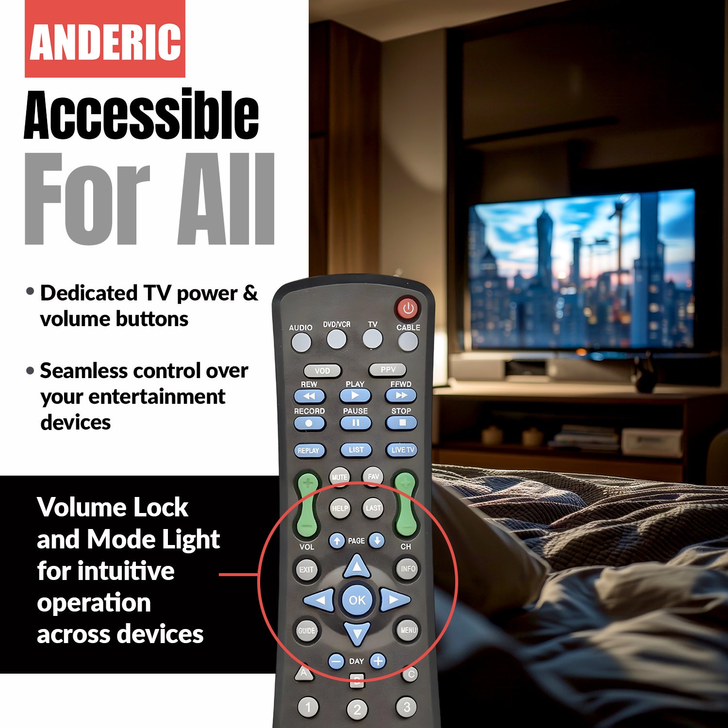 Anderic DRC800 DVR and Cable Box Remote Control for Motorola, Scientific Atlanta, and others