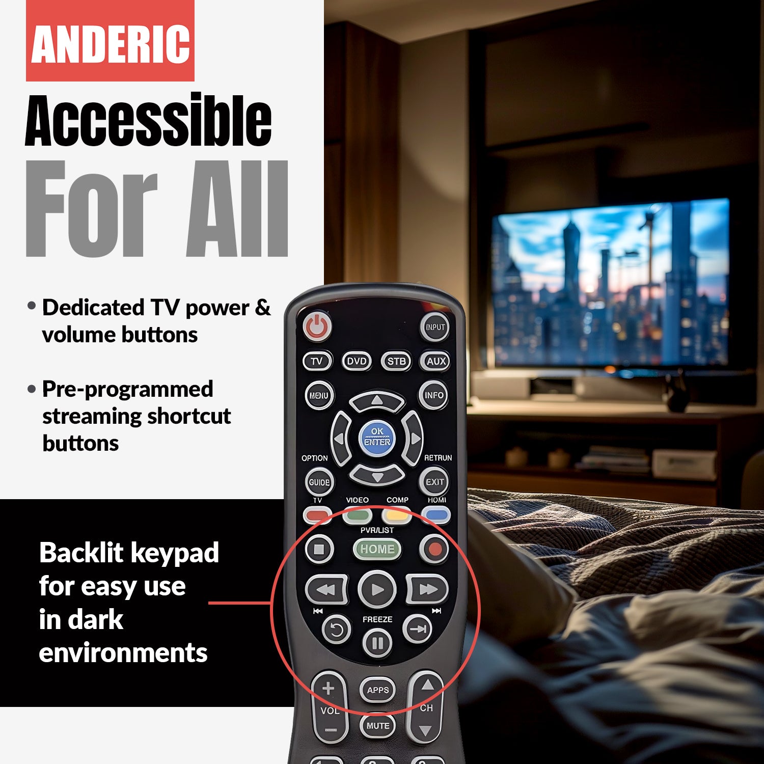 Anderic RR0777S Universal 4-Device Remote Control for Pre-programmed for Panasonic TVs