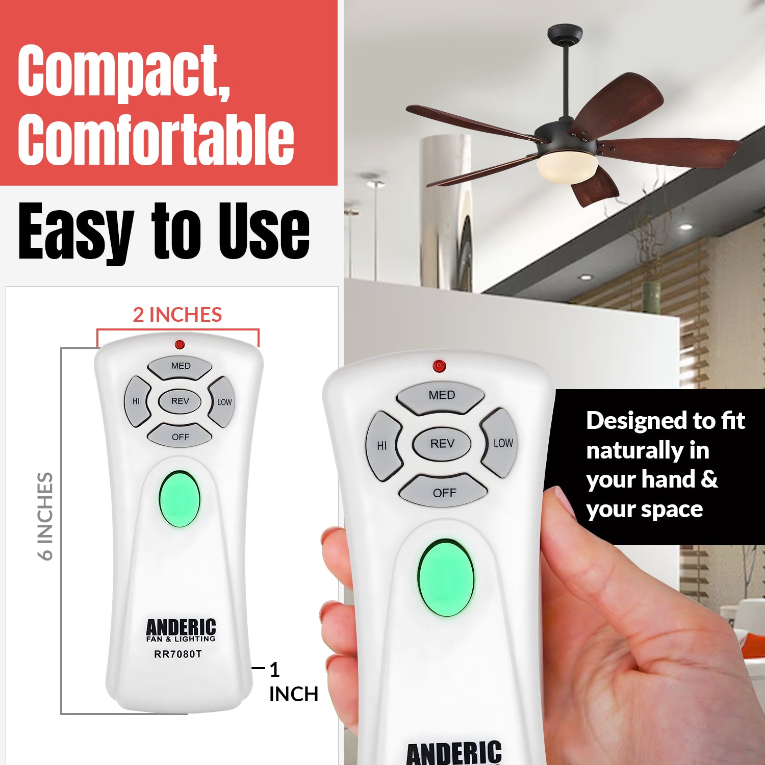 Anderic RR7080T Replacement Ceiling Fan Remote Control for Hampton Bay CHQ7080T, UC7080T with Up, Down, and Reverse Keys