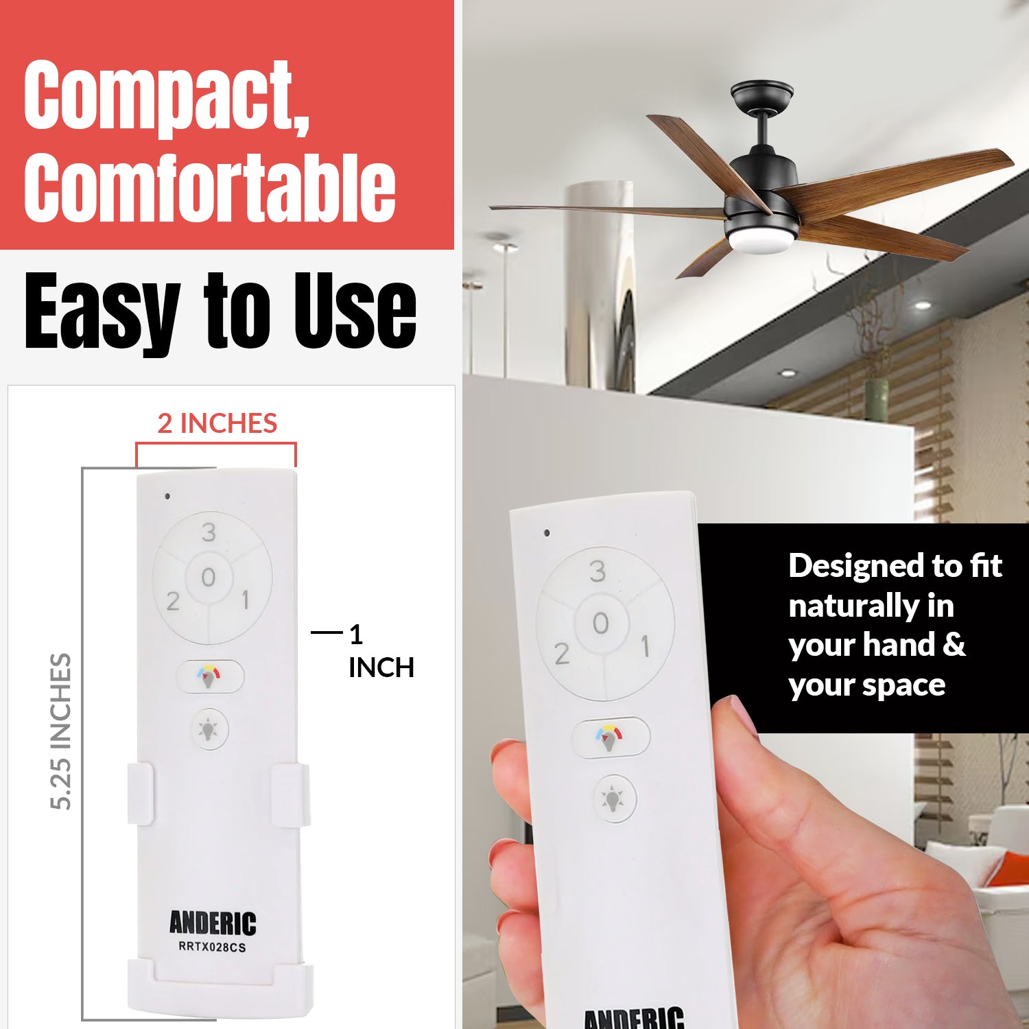 A hand holds an Anderic TX028C-S (RRTX028CS) ceiling fan remote, 5.25 x 2 in., for Hampton Bay and Home Decorators Collection; a modern wood-blade ceiling fan is visible in the background.