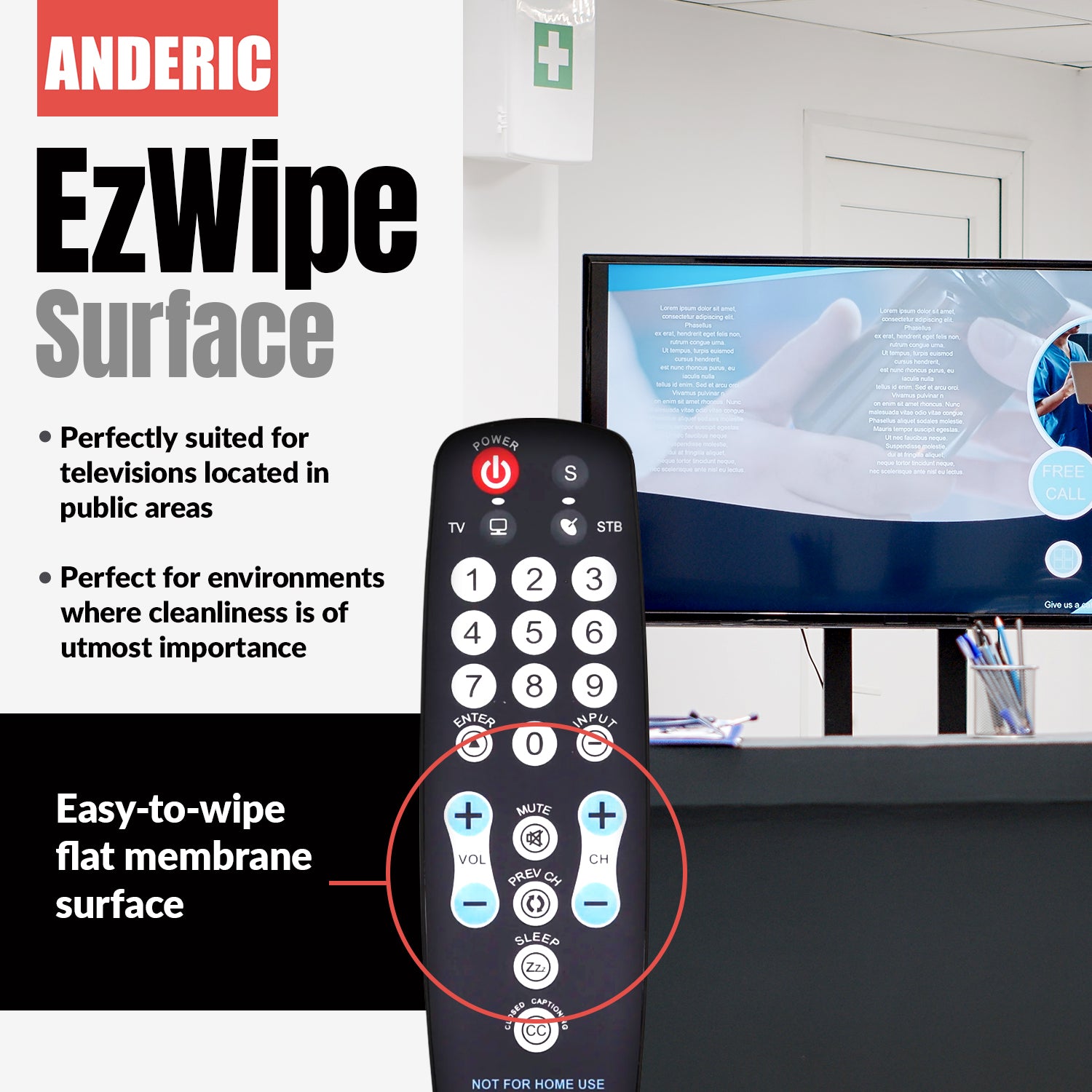 Anderic RRHC100 2-Device Universal Remote Control for Hospitality TV Cable Satellite STB with EzWipe Surface and Learning