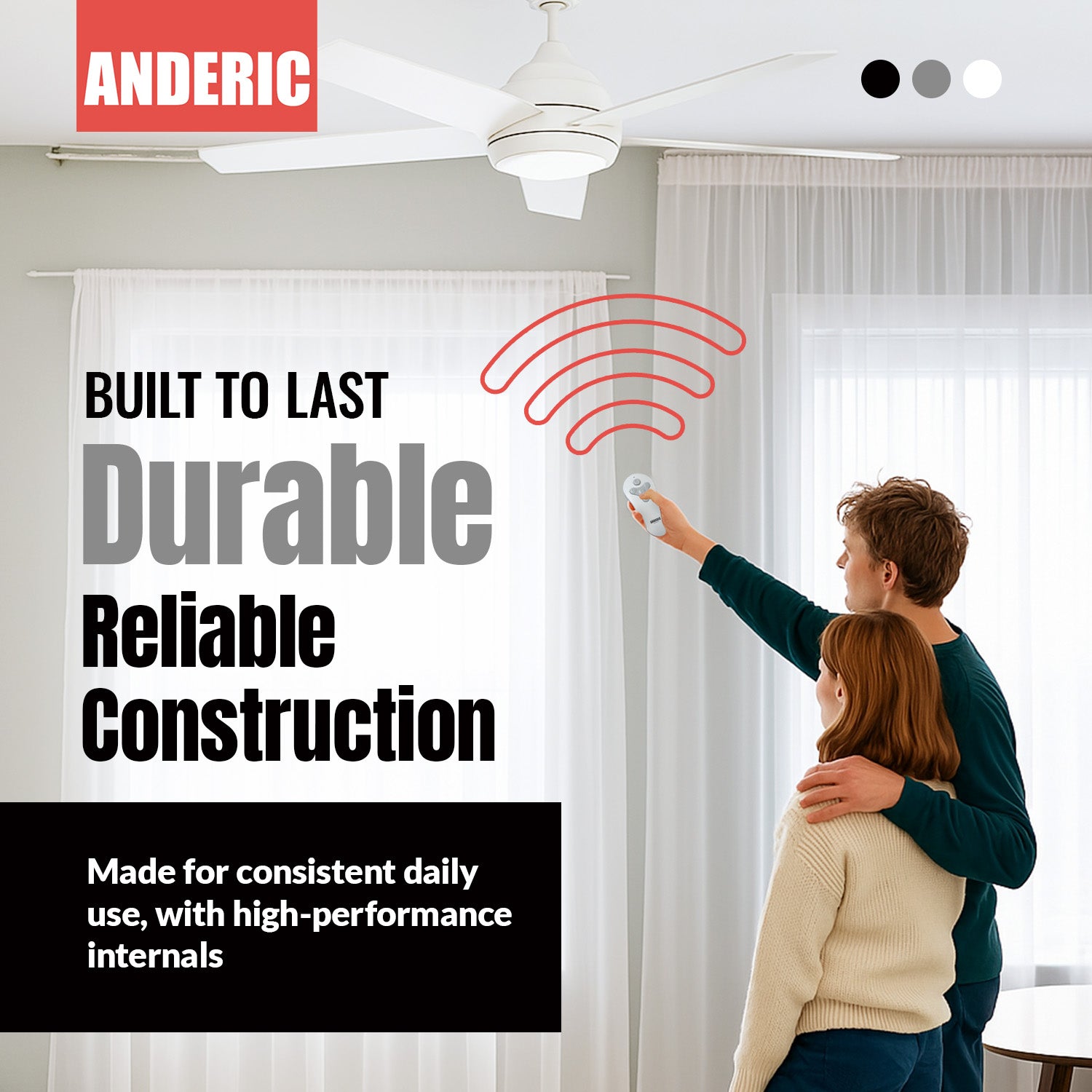 In a bright room, a couple uses the Anderic TR214D remote (for KUJCE10311/10712/TR214B Harbor Breeze) to control their ceiling fan, with text highlighting its durability, reliability, and high-performance features.