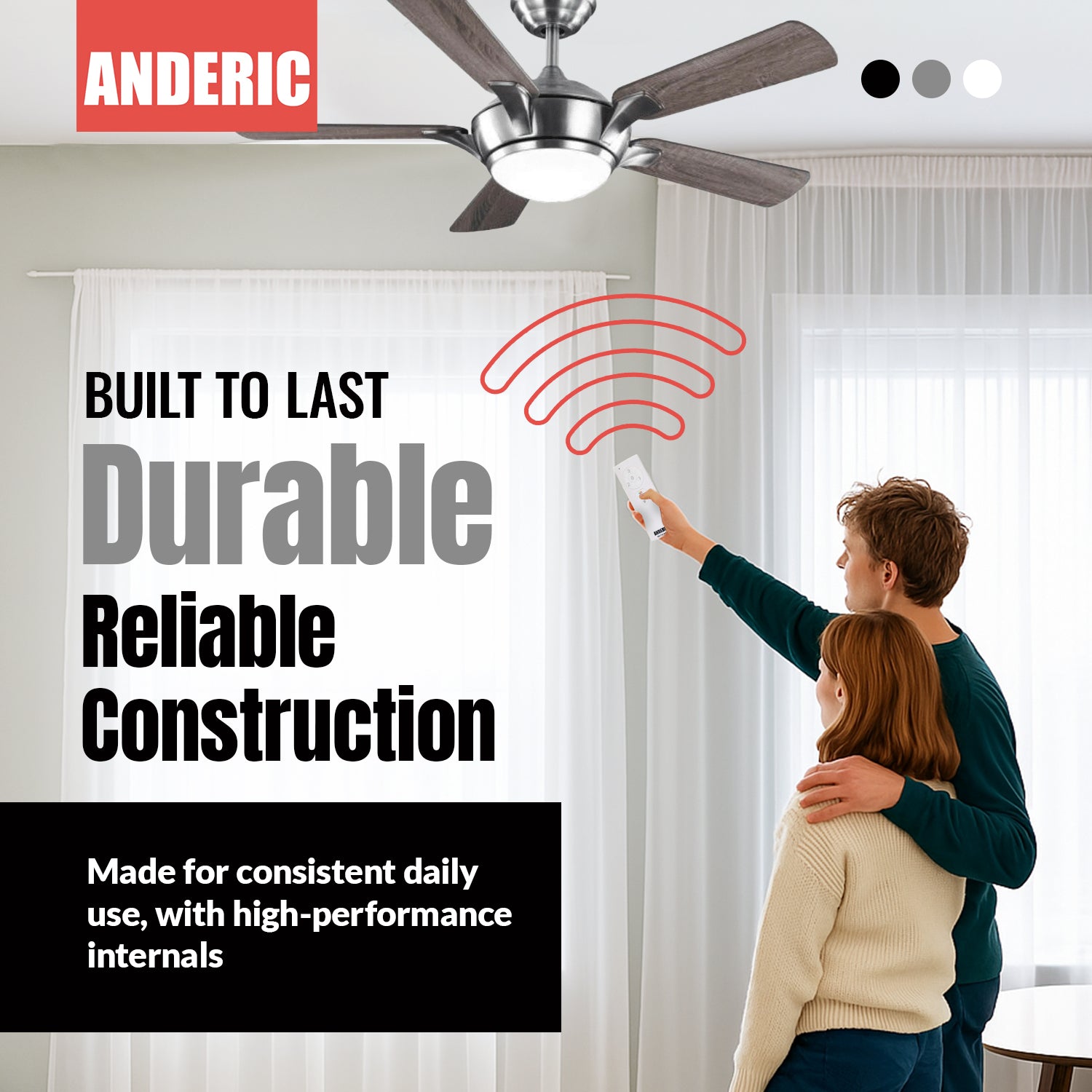 A couple stands in a bright room, using the Anderic TX028C-S remote to control their Hampton Bay or Home Decorators Collection ceiling fan, enjoying its reliable construction and lasting comfort with color-changing features.