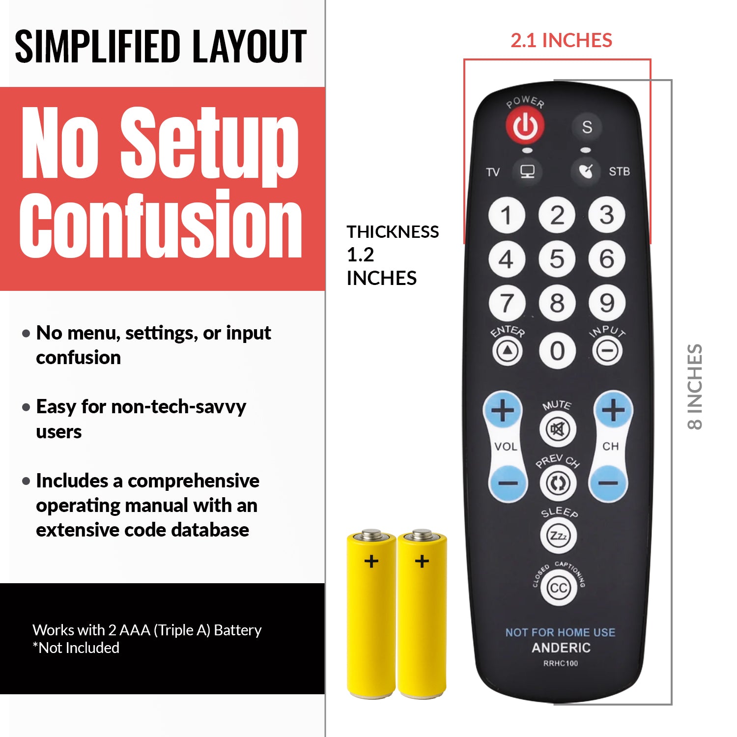 Anderic RRHC100 2-Device Universal Remote Control for Hospitality TV Cable Satellite STB with EzWipe Surface and Learning