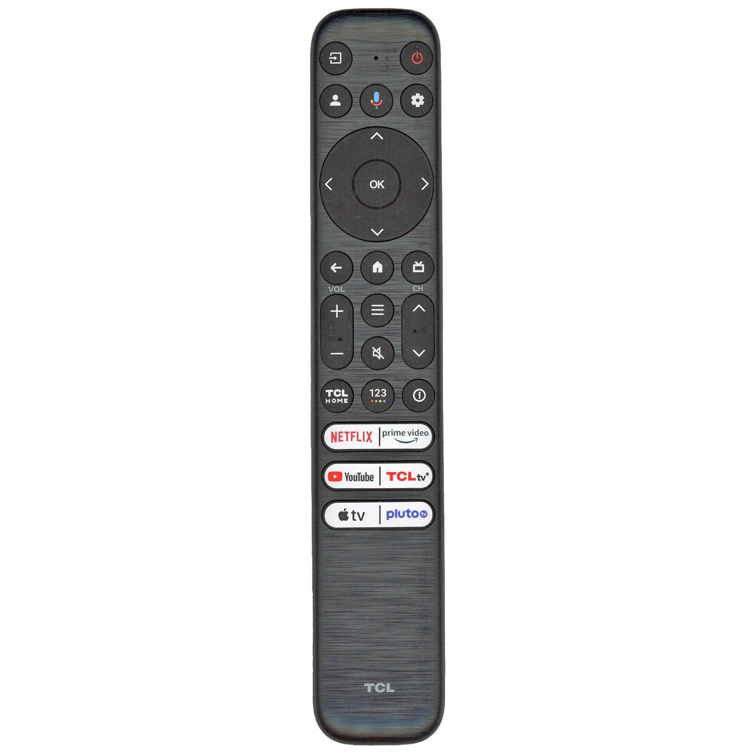 The TCL RC923 FMB2 Google TV Remote Control (2025) in black features navigation, volume, and channel buttons plus dedicated keys for Netflix, Prime Video, YouTube, TCL Channel, Apple TV, and Pluto—ideal for your Motion Backlight QD-Mini LED Smart TV.