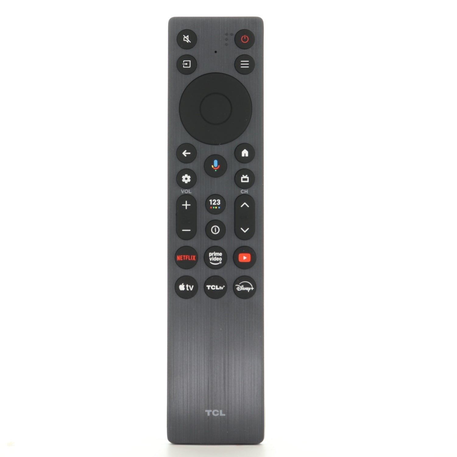 The TCL RC923A / FMB1 GOOGLE TV Remote Control (G0401-000267) features black buttons with power, volume, navigation, voice control, and dedicated shortcuts for Netflix, Prime Video, YouTube, Apple TV+, TCLtv, and Disney+.