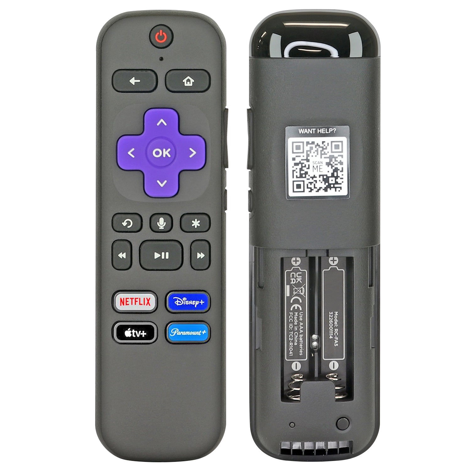 Front and back views of the Anderic RC-FA5 Universal for Roku Remote Control show streaming service buttons (Netflix, Disney+, Apple TV+, Paramount+) with voice control, plus an open battery compartment and QR code label on the back.