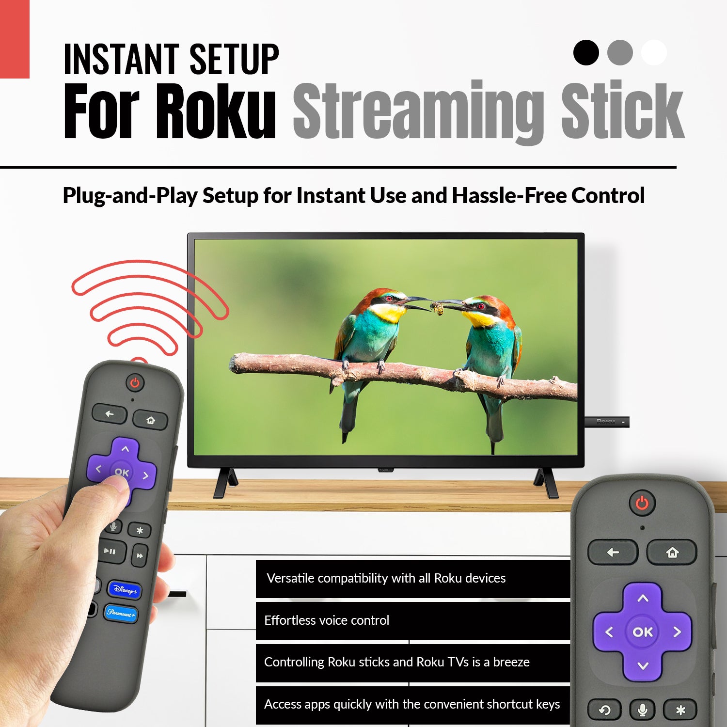 A hand holds the Anderic RC-FA5 Universal for Roku Remote Control, pointed at a TV with colorful birds; text highlights instant setup, broad compatibility with Streaming Stick, StreamBar, Roku TV, and quick access to Netflix, Disney+, Apple TV+, Paramount+.