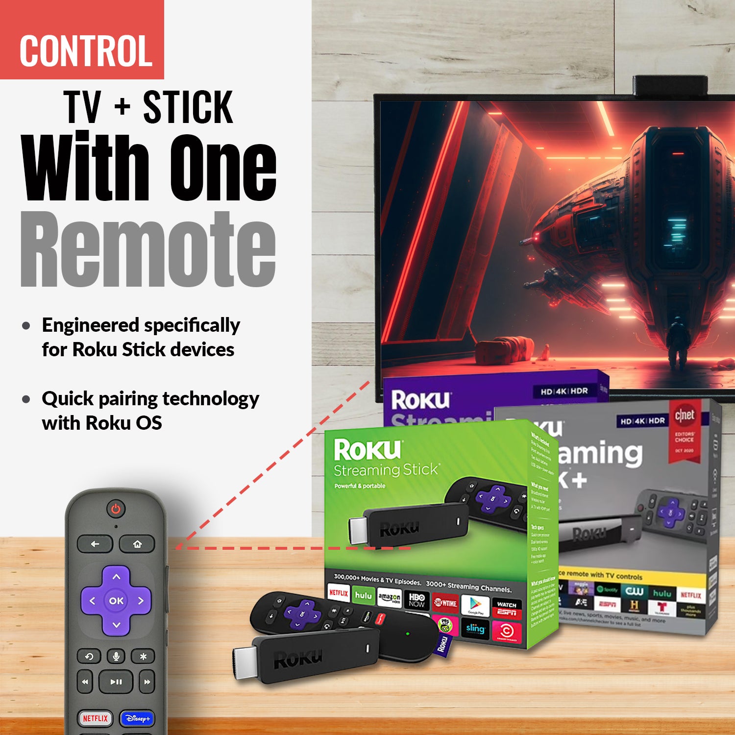 The Anderic RC-FA5 Universal Remote for Roku is shown with a Streaming Stick and packaging, while a TV displays the Roku home screen. Text highlights Effortless Voice Control and compatibility with Netflix, Disney+, Apple TV+, and Paramount+.