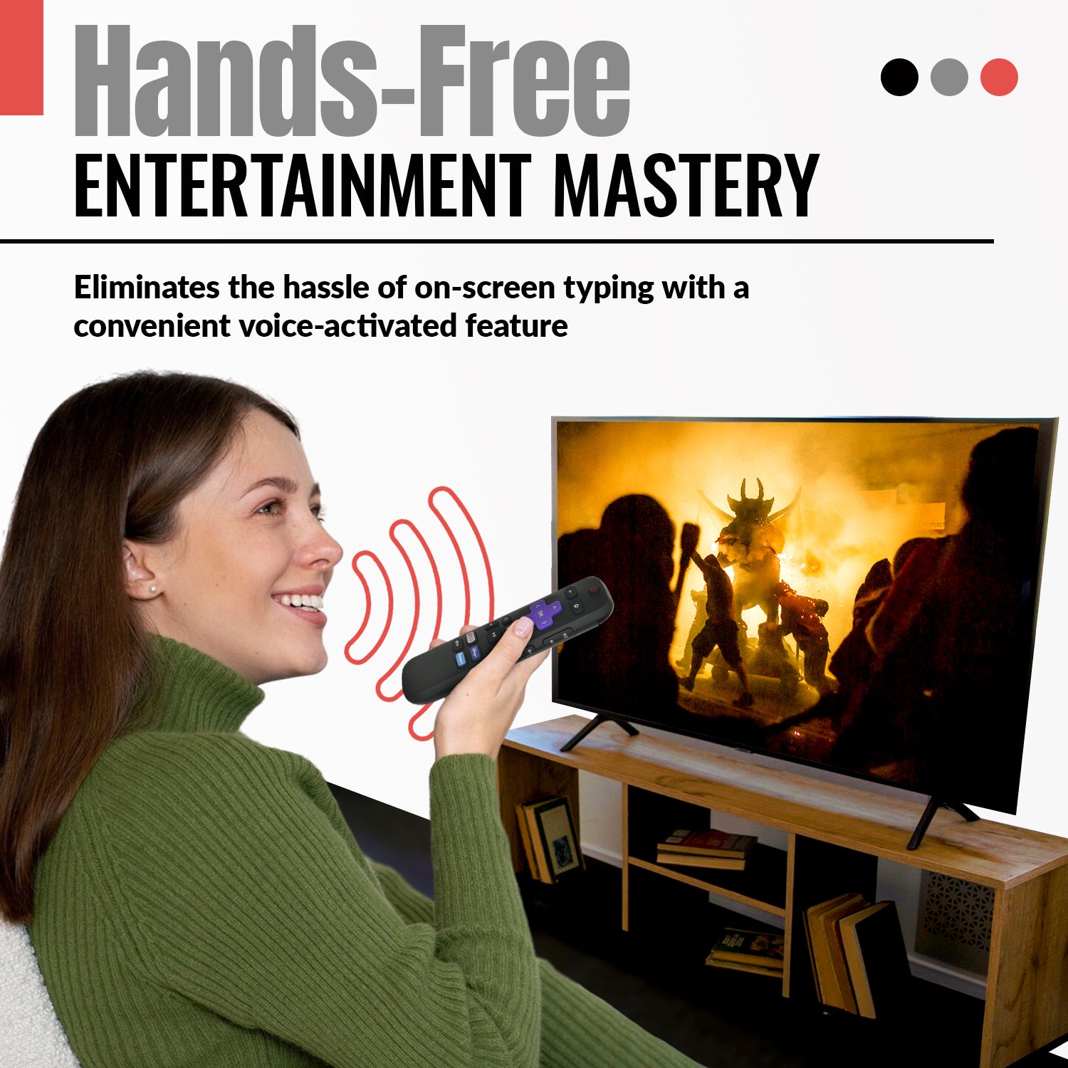 A woman uses the Anderic RC-FA5 Universal for Roku Remote Control with voice control while watching an action scene, showcasing hands-free entertainment with Netflix, Disney+, Apple TV+, and Paramount+ support.
