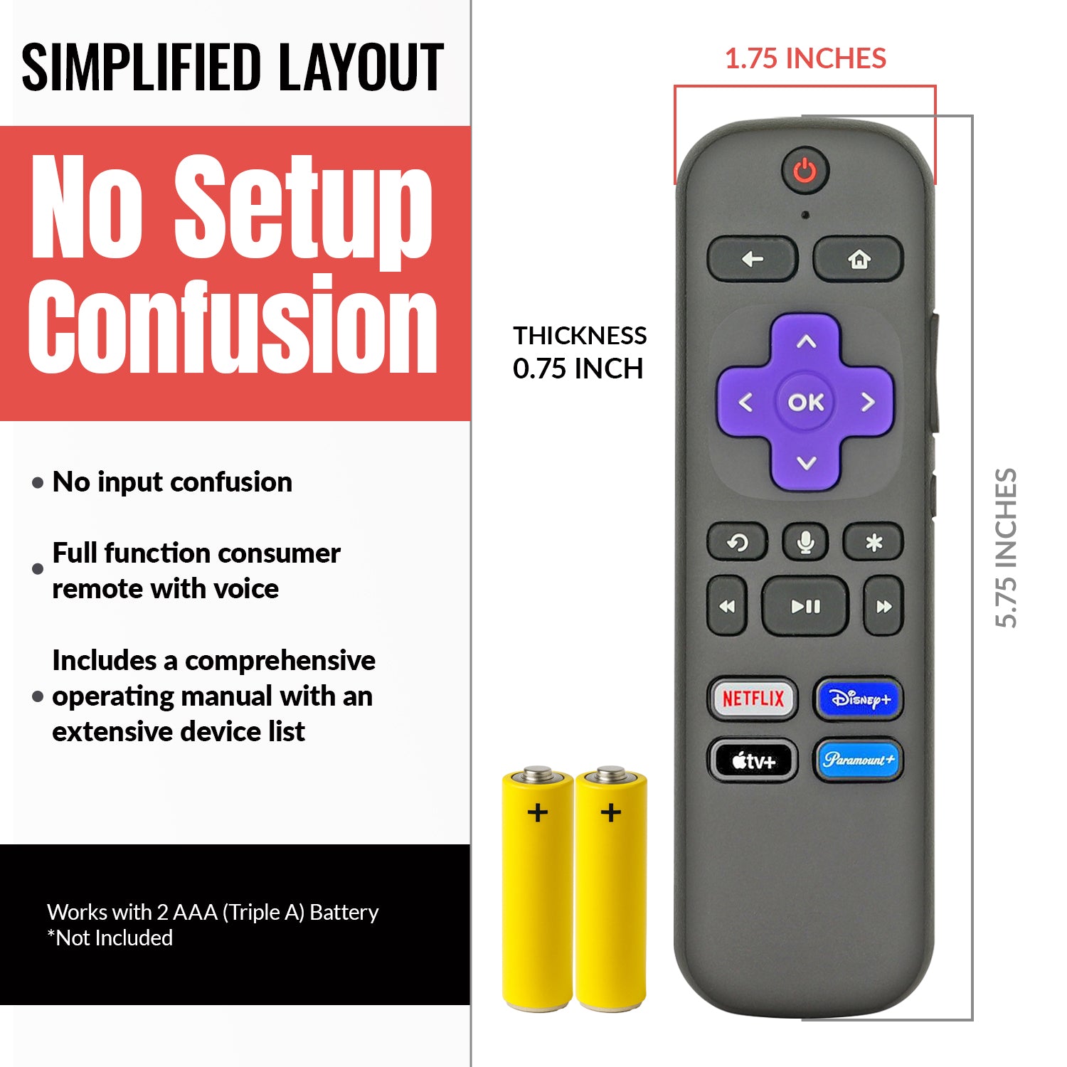 The Anderic RC-FA5 Universal Roku Remote features purple and gray buttons, comes with two yellow AAA batteries, measures 5.75 x 1.75 x 0.75 inches, and supports streaming devices and major apps like Netflix, Disney+, Apple TV+, and Paramount+.