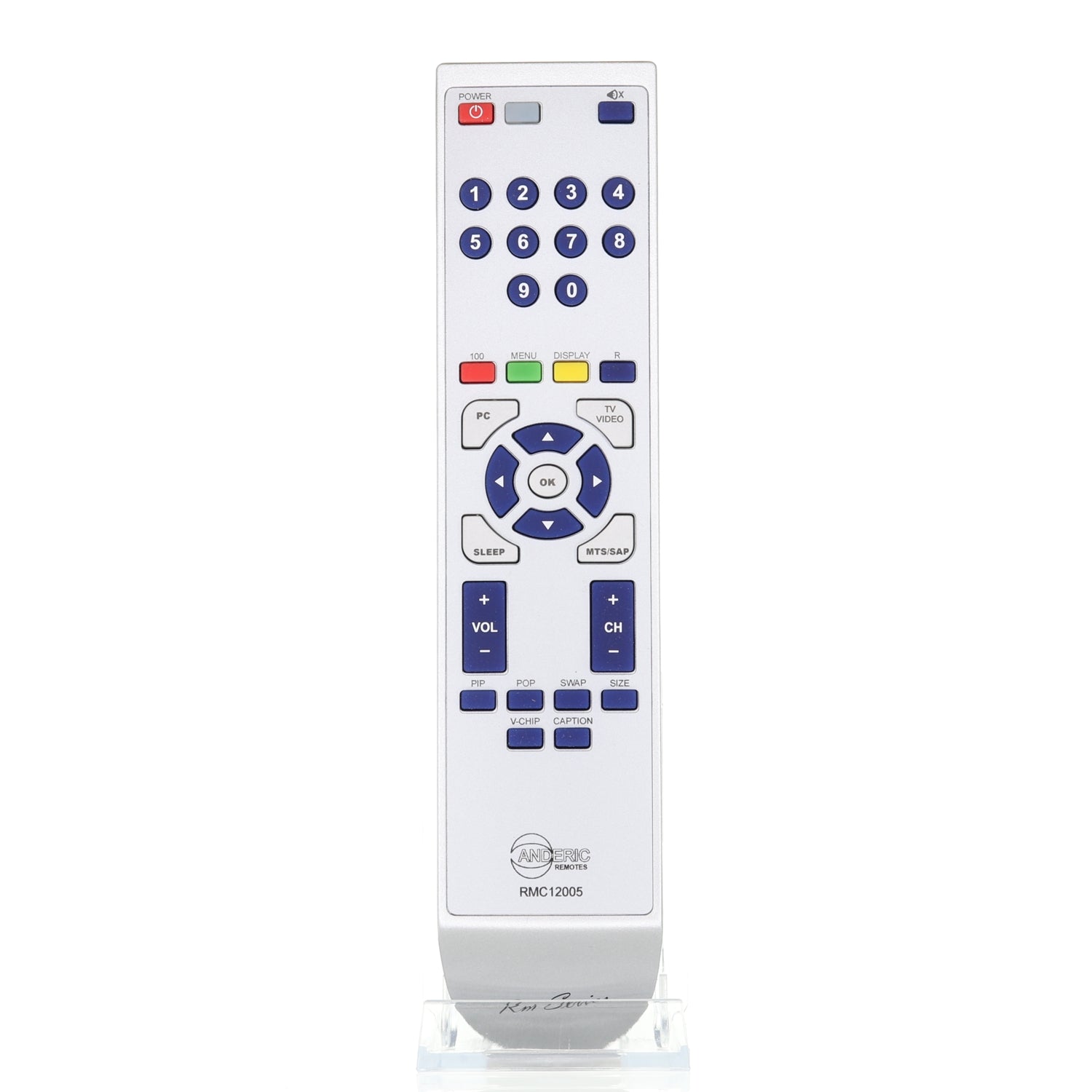 The Anderic 98TR7SW1NEMNF remote for MAGNAVOX TV, RMC12005, is white and pre-programmed. It has multi-colored buttons for power, volume, channel, and mode selection. Ideal as a replacement remote control.