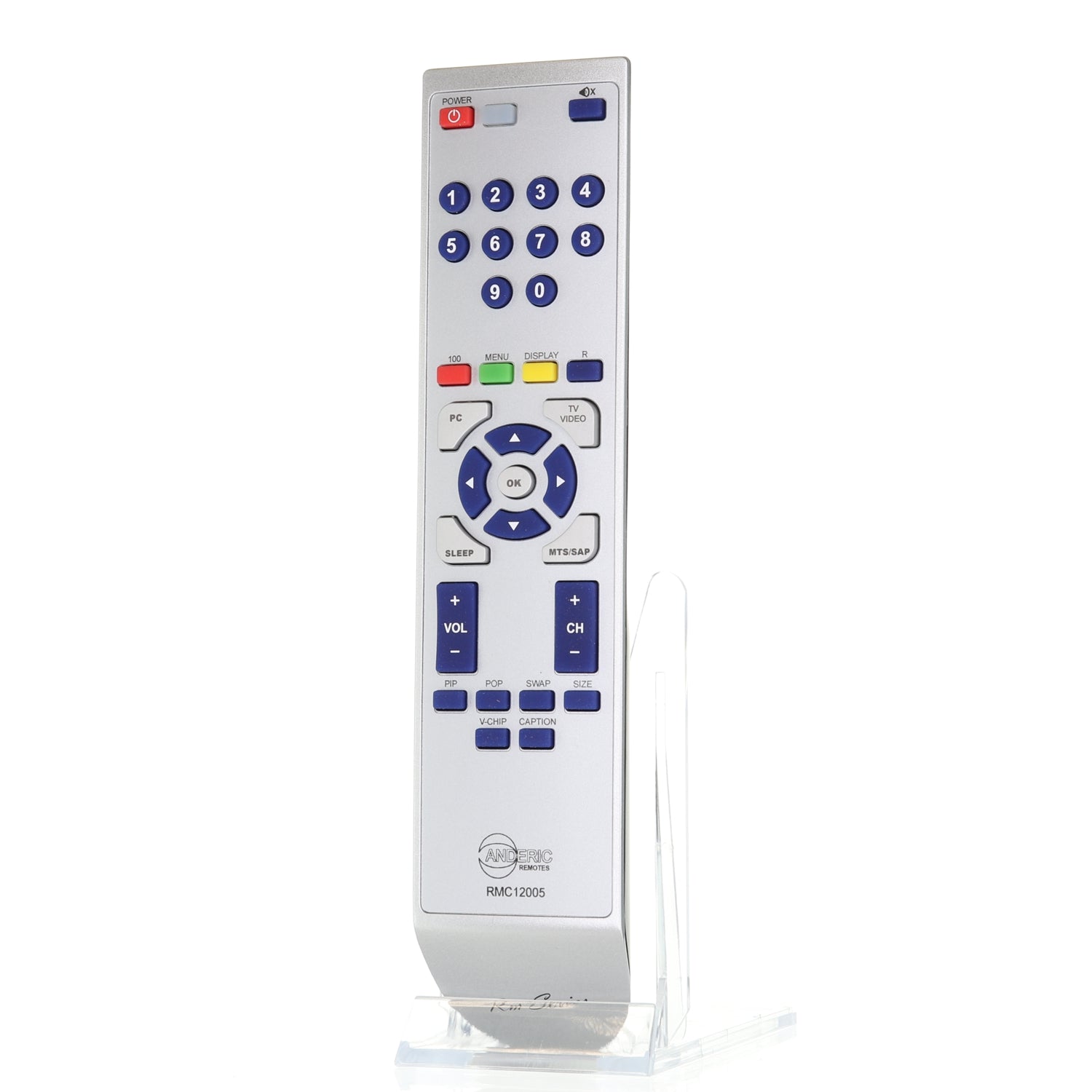 The Anderic 98TR7SW1NEMNF remote control, designed for MAGNAVOX TVs, features sleek silver casing with blue and gray buttons including numbers, arrows, and function labels. It's pre-programmed and proudly displays the Magnavox logo at the bottom.