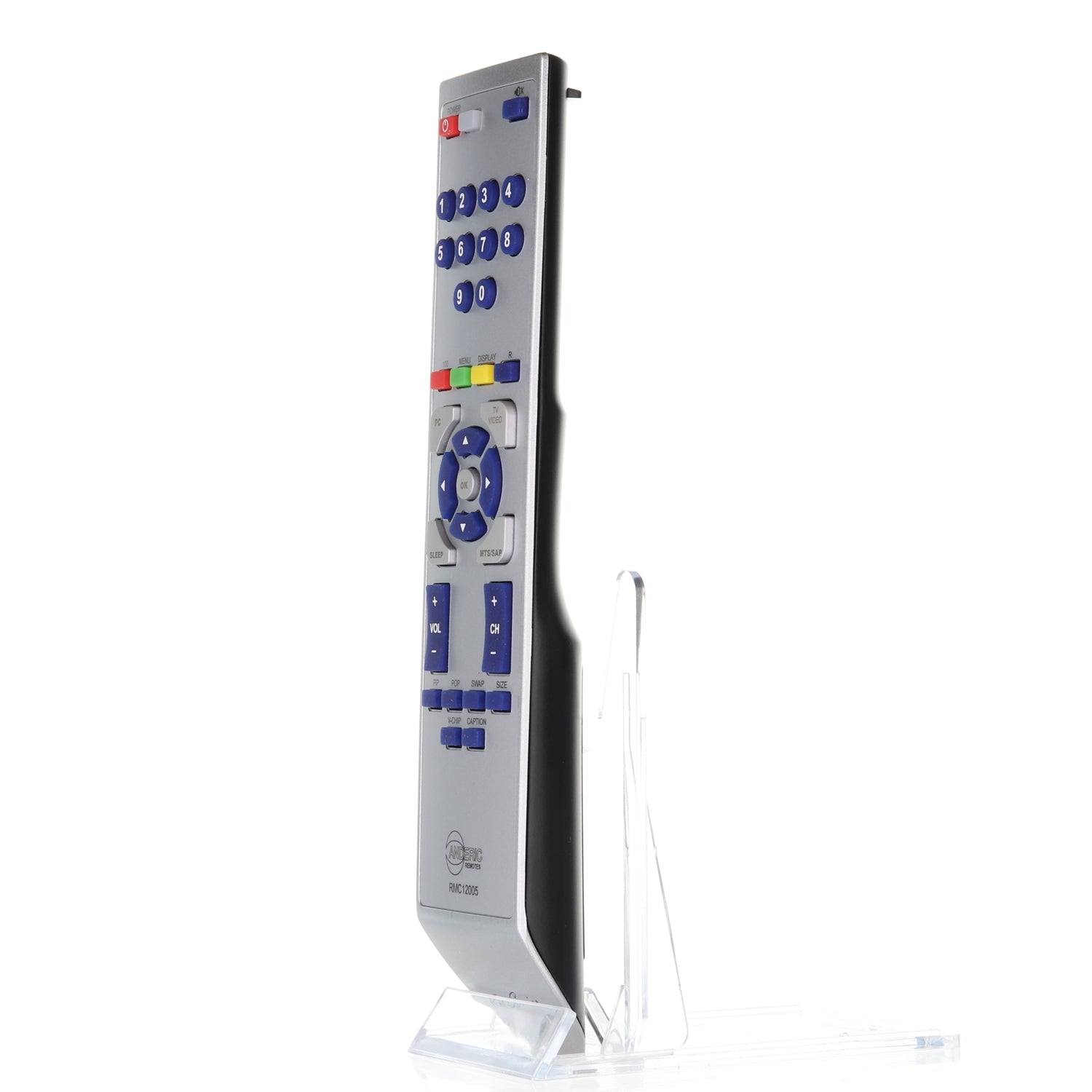 The Anderic 98TR7SW1NEMNF RMC12005 for Magnavox TV is a silver replacement remote with blue buttons, standing upright on a clear plastic stand against a white background, offering pre-programmed convenience.