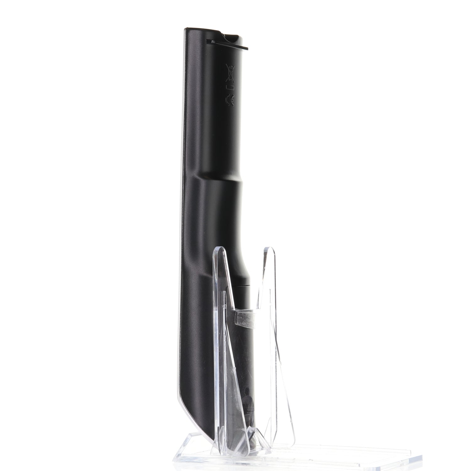 A black upright magazine, reminiscent of the sleek Anderic 98TR7SW1NEMNF made for MAGNAVOX TV Remote Control - RMC12005, is elegantly displayed on a clear stand against a white background.