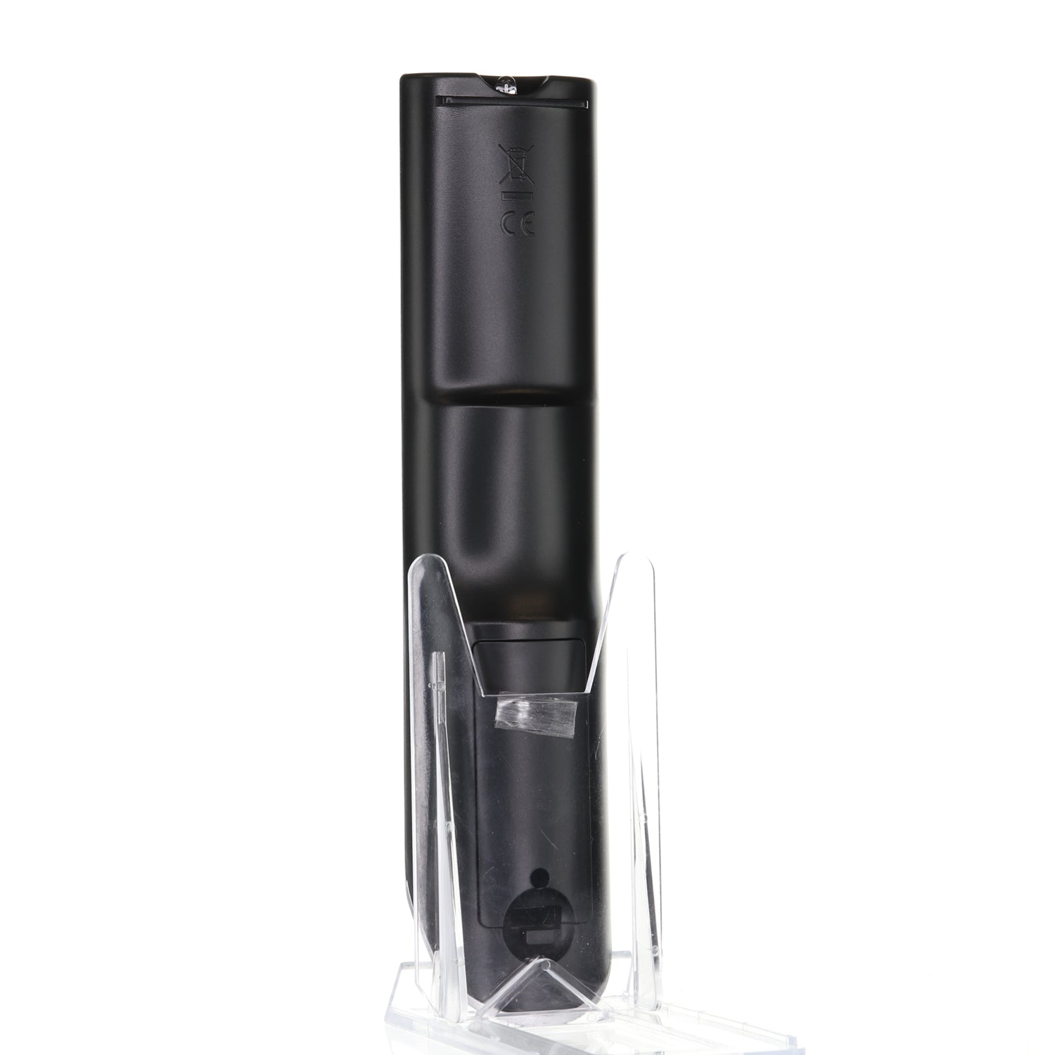 On a clear stand against a white background, a black vape device stands upright with its sleek design, reminiscent of an Anderic 98TR7SW1NEMNF remote for MAGNAVOX TV - RMC12005.