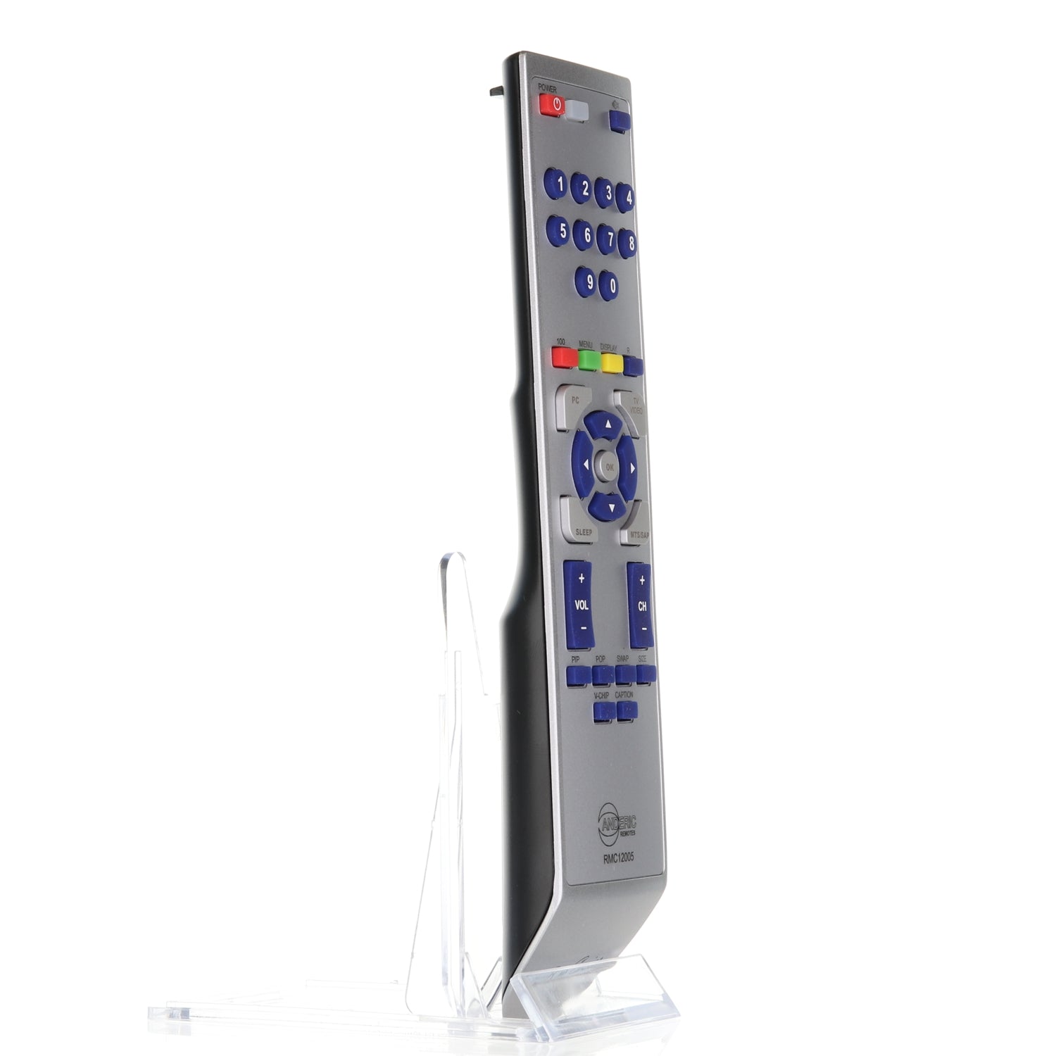 The Anderic 98TR7SW1NEMNF remote for Magnavox TVs, in sleek silver with blue buttons, stands upright on a clear stand, highlighting its no-programming-needed convenience.