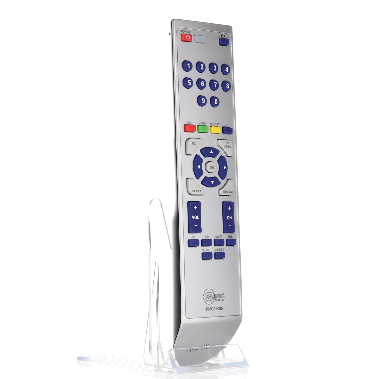 The Anderic 98TR7SW1NEMNF remote, compatible with MAGNAVOX TVs, features a sleek silver design with blue buttons for numbers, volume, and channels. It rests on a transparent stand and comes pre-programmed, making it an ideal replacement remote.