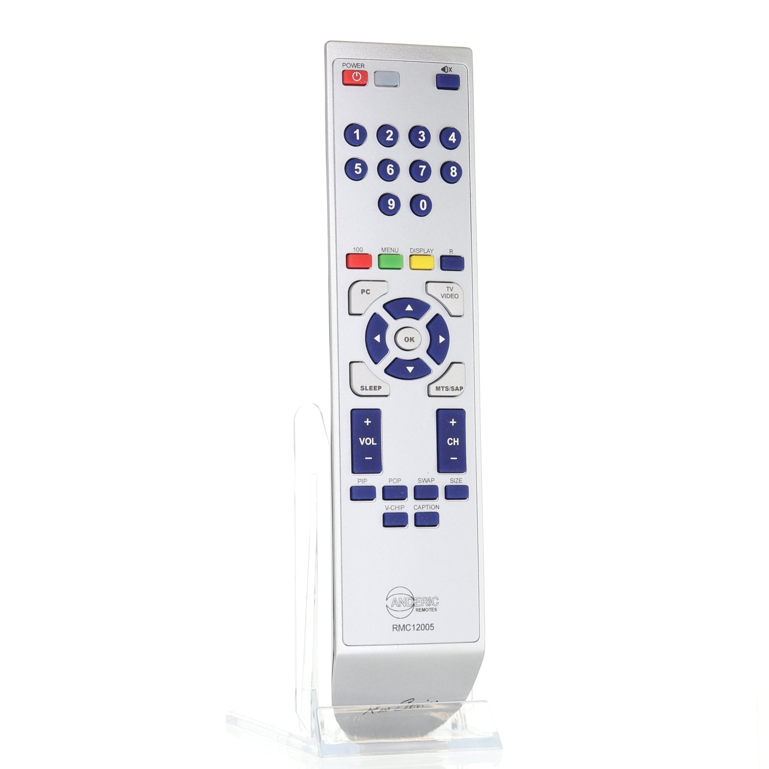 The Anderic 98TR7SW1NEMNF remote for Magnavox TV features a white design with numeric keypad, volume and channel buttons, plus a power button at the top, displayed on a clear stand.