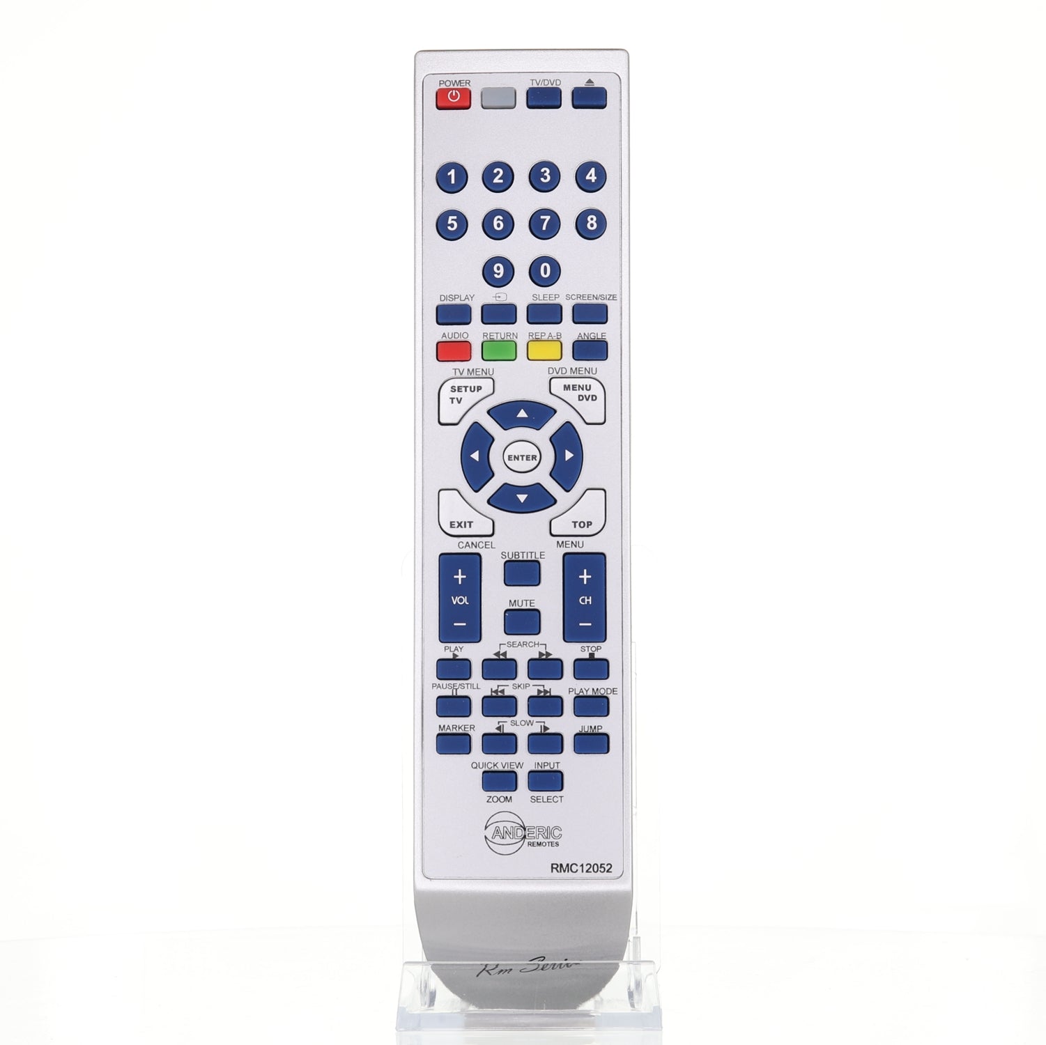The white Anderic 076R0LJ030 remote, model RMC12052, features multiple blue buttons and function labels. It's designed for Sansui/Orion TV/DVD combo systems and stands on a clear plastic stand.
