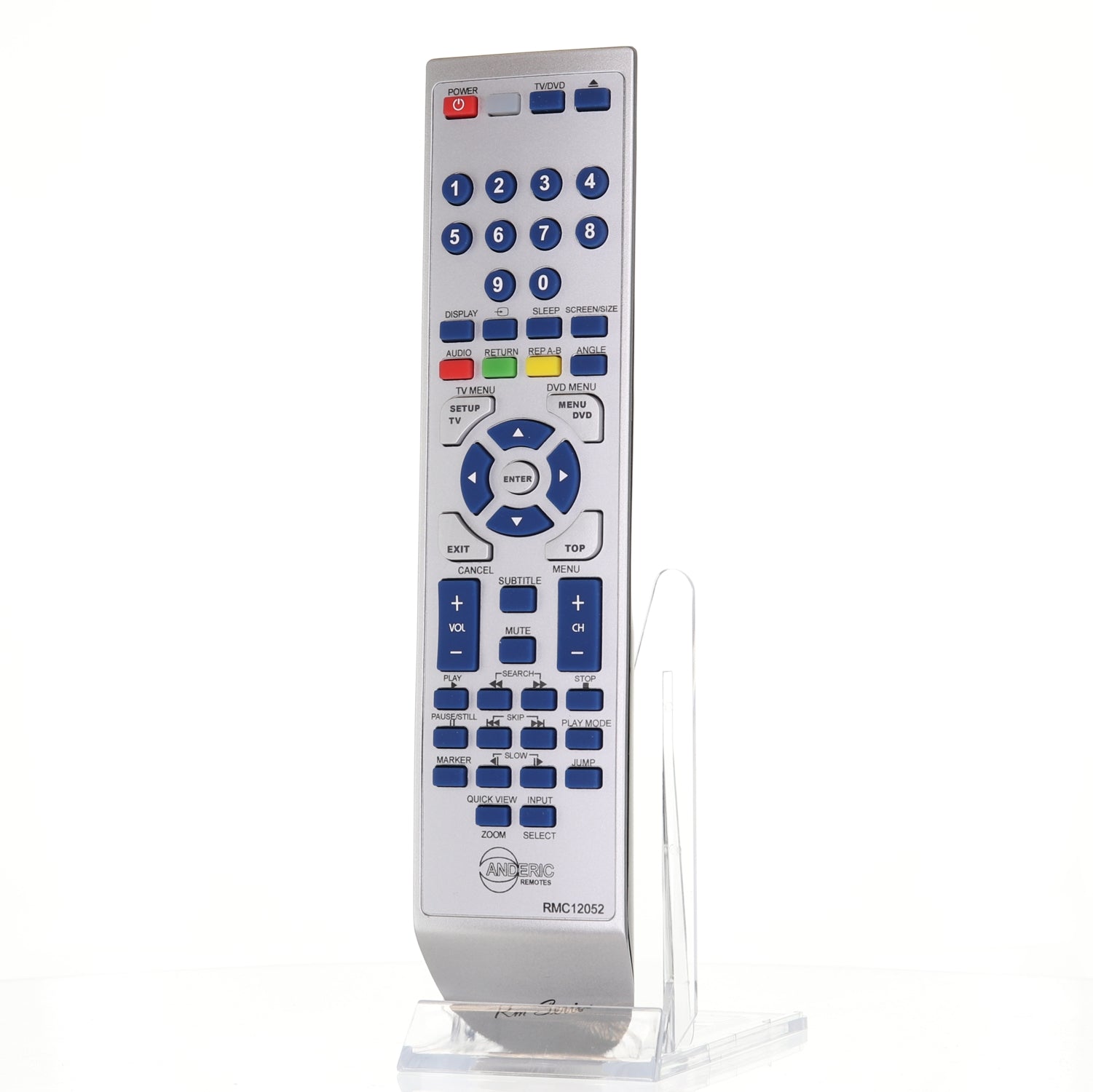The Anderic 076R0LJ030 for Sansui TV/DVD, also known as the RMC12052 remote, features blue and gray buttons on a silver body. Displayed upright on a clear stand, it elegantly combines functionality and sleek design for your Sansui/Orion TV/DVD combo.