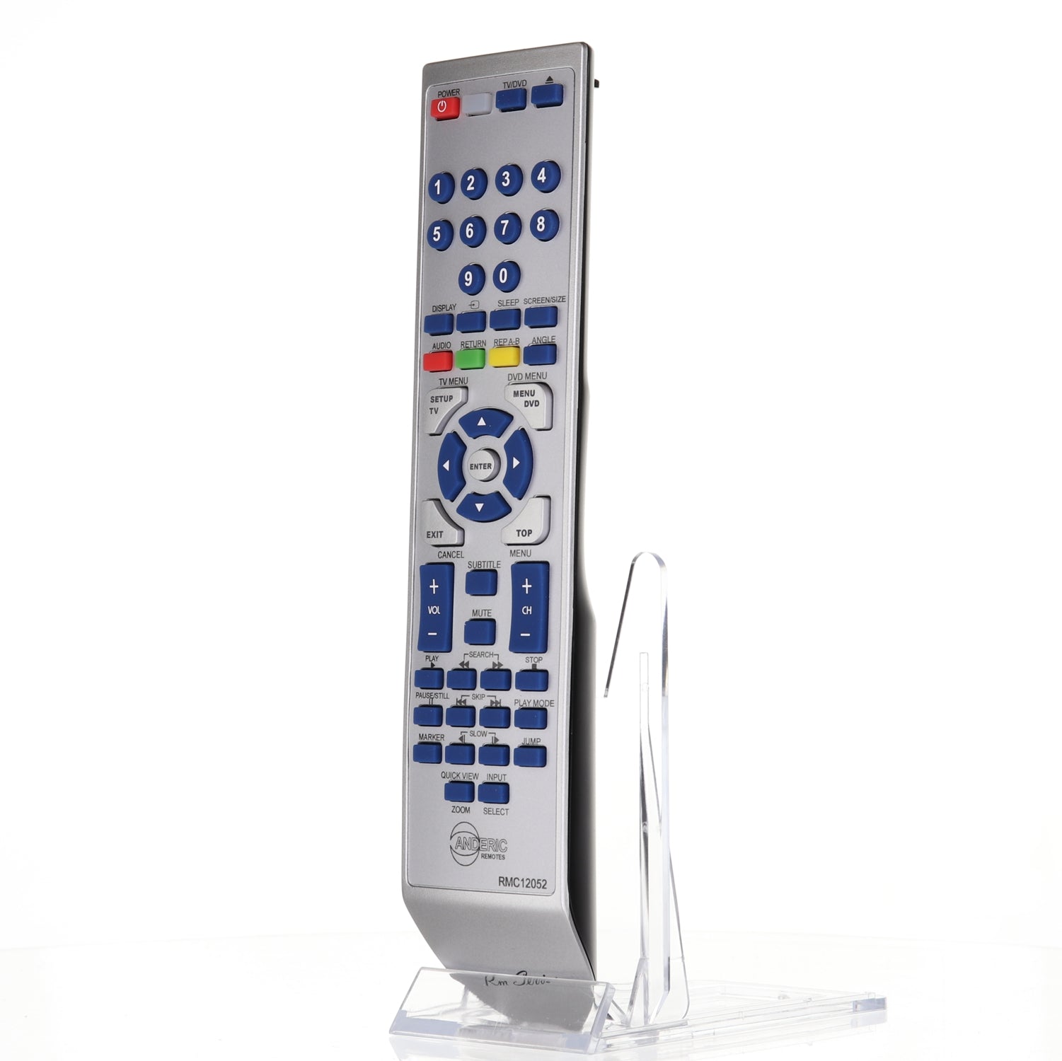 The Anderic 076R0LJ030, also known as the RMC12052, is a remote control for Sansui/Orion TV/DVD combos, featuring silver design with blue buttons for numbers, navigation, and functions. It stands upright on a clear stand.