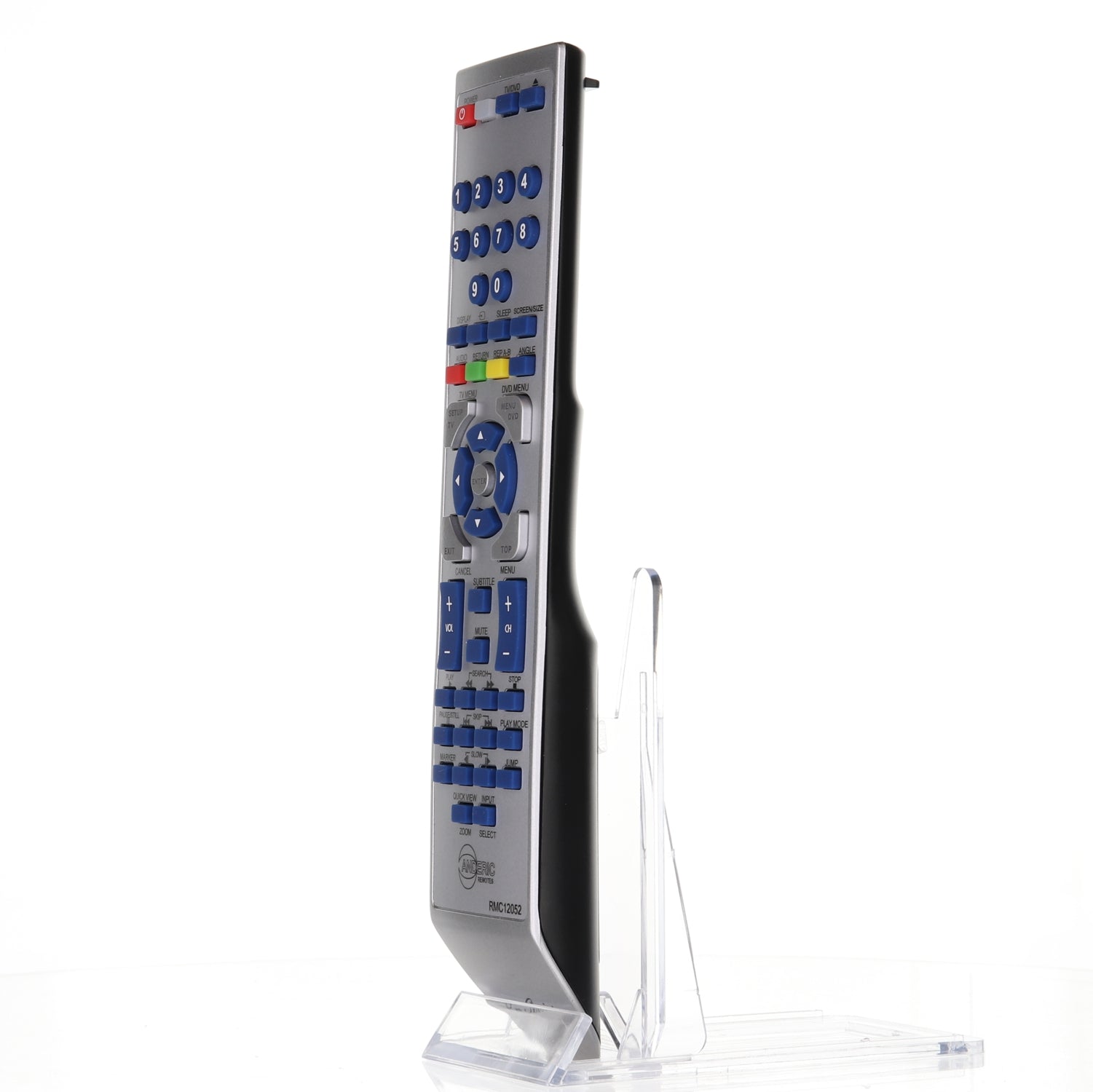 The Anderic 076R0LJ030 for Sansui TV/DVD Remote Control - RMC12052, featuring a sleek silver and black design with blue buttons, is elegantly displayed on a clear stand against a white background for seamless interaction with your Sansui/Orion TV/DVD combo.