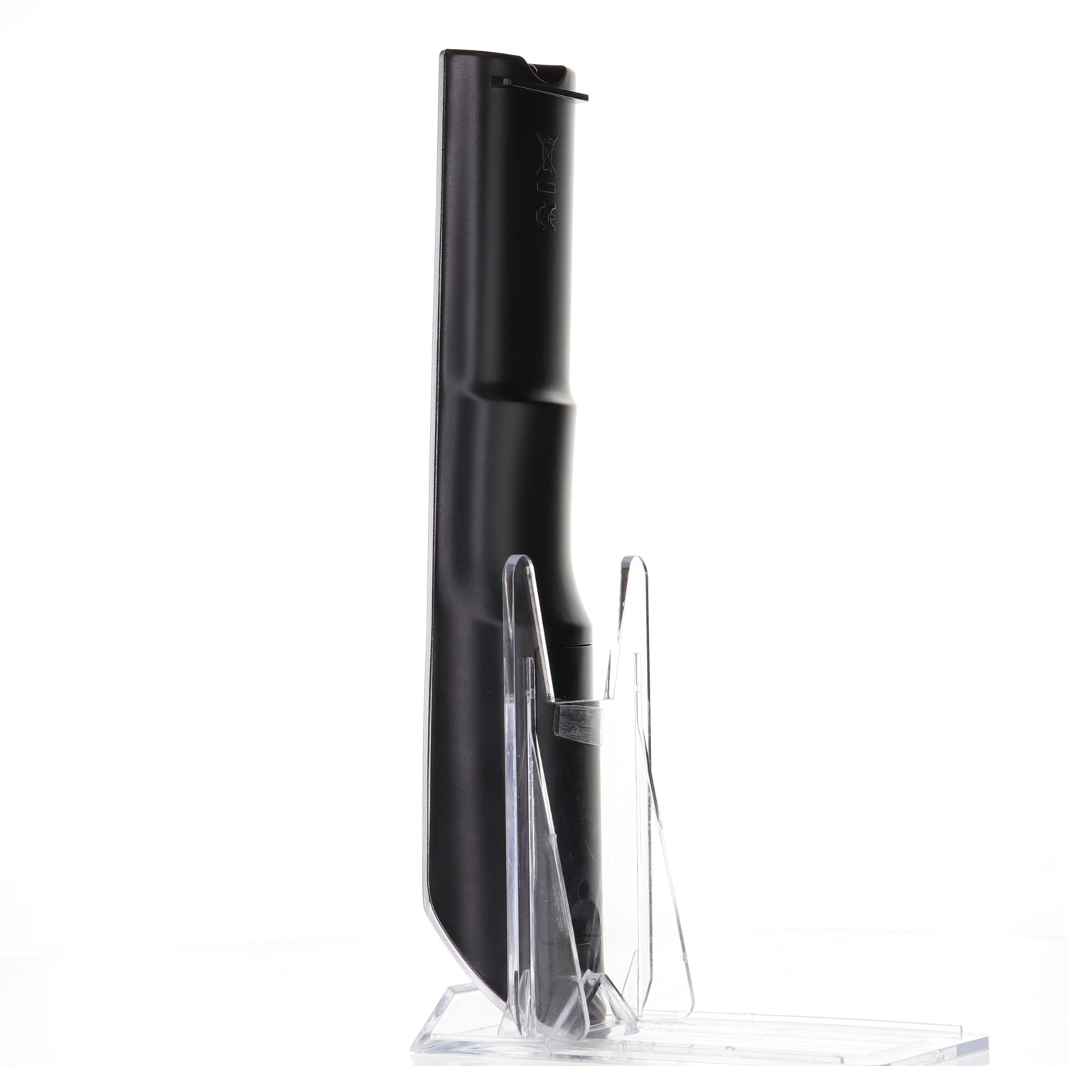 A sleek black kitchen knife stands upright in a clear stand, showing precision akin to an Anderic 076R0LJ030 remote control for Sansui TV/DVD - RMC12052, all set against a crisp white background.