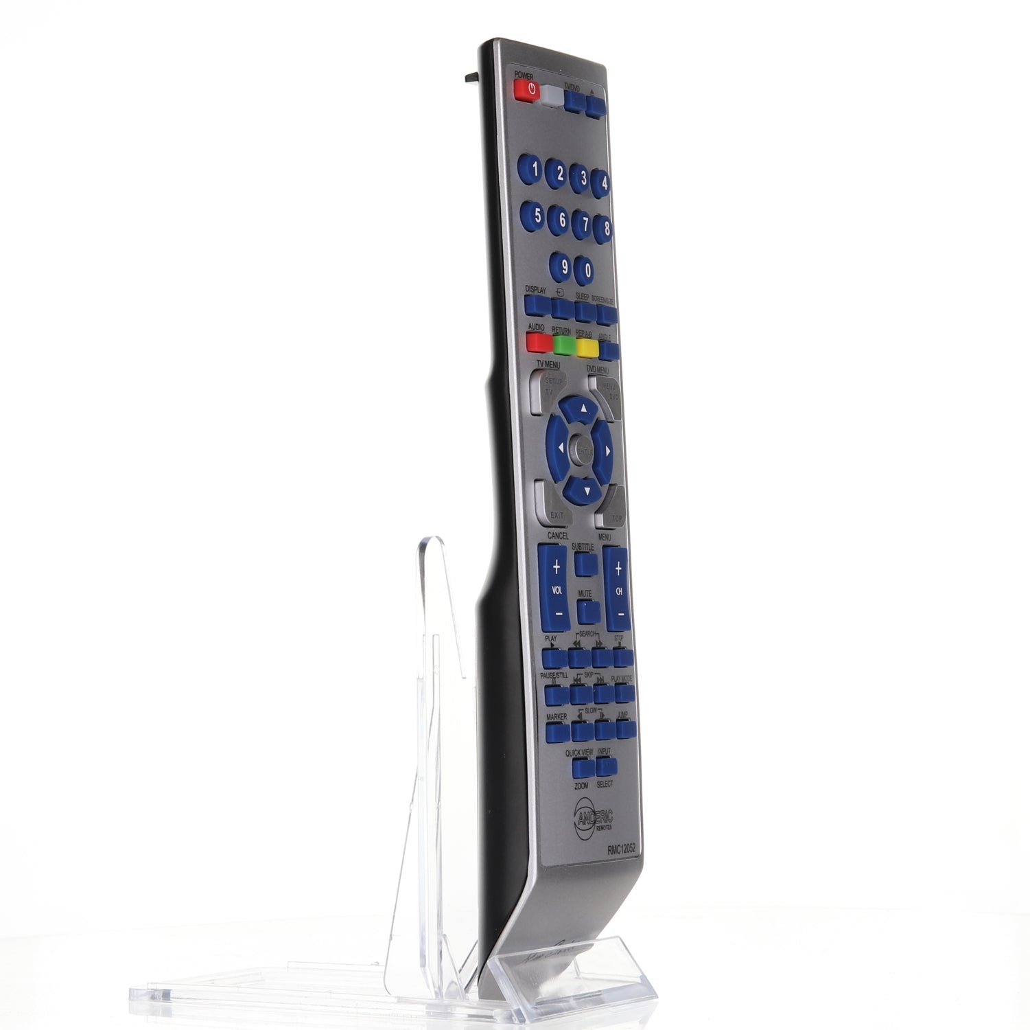 A gray Anderic 076R0LJ030 remote control for Sansui TV/DVD Combo is displayed on a clear stand against a white backdrop, featuring blue buttons.
