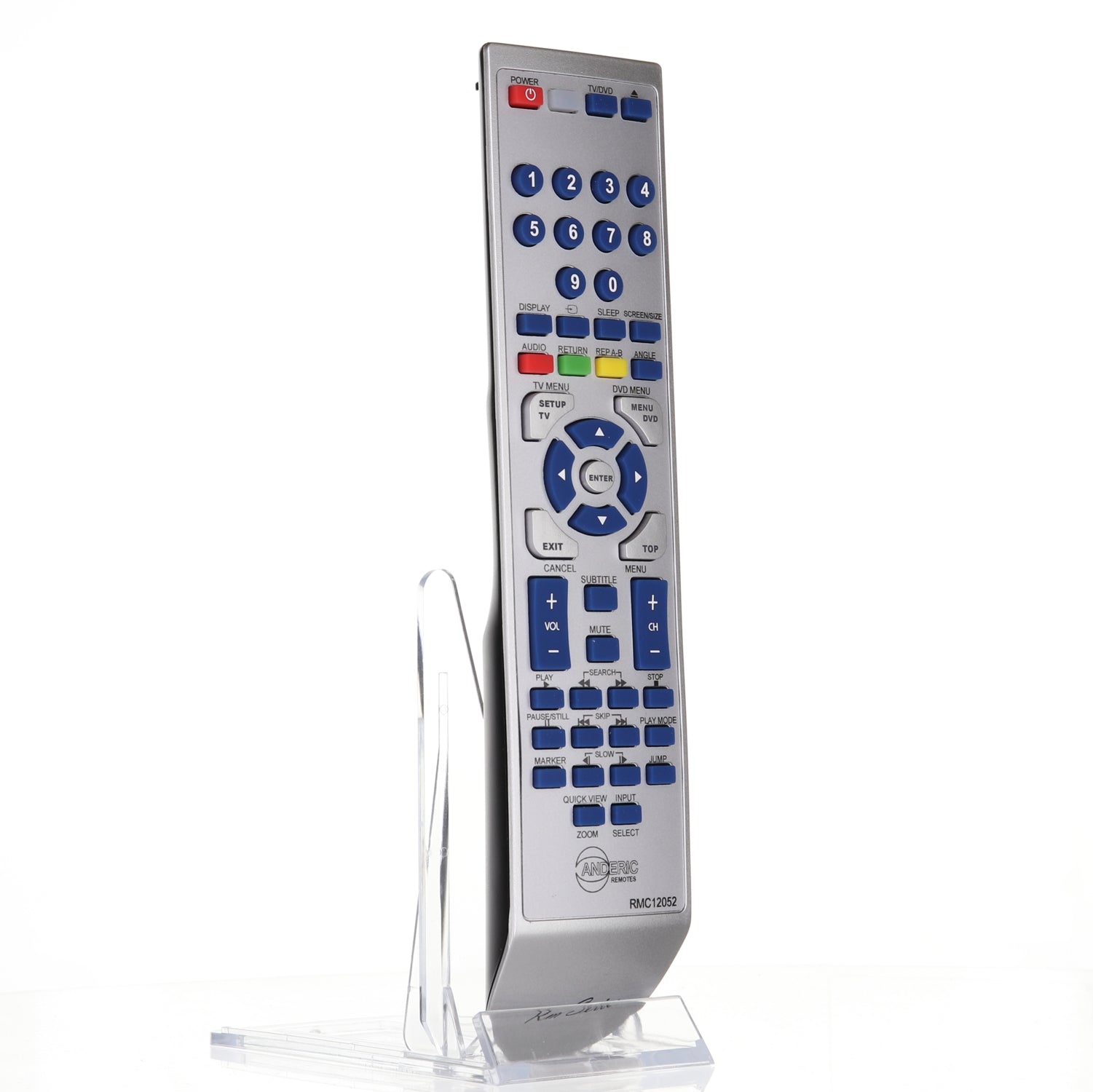 The Anderic 076R0LJ030 for Sansui TV/DVD Remote Control (model RMC12052) features a gray body with blue buttons. It is elegantly displayed on a clear stand, highlighting its sleek design and functionality.