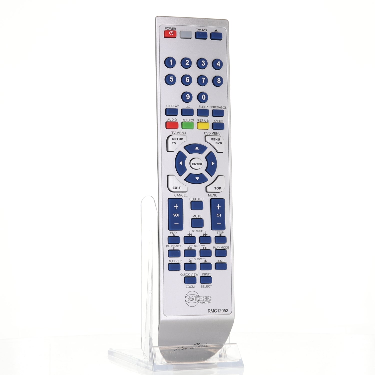 The Anderic 076R0LJ030 remote for Sansui TV/DVD is silver, has blue and white buttons with numbers and various functions, and works easily without programming.