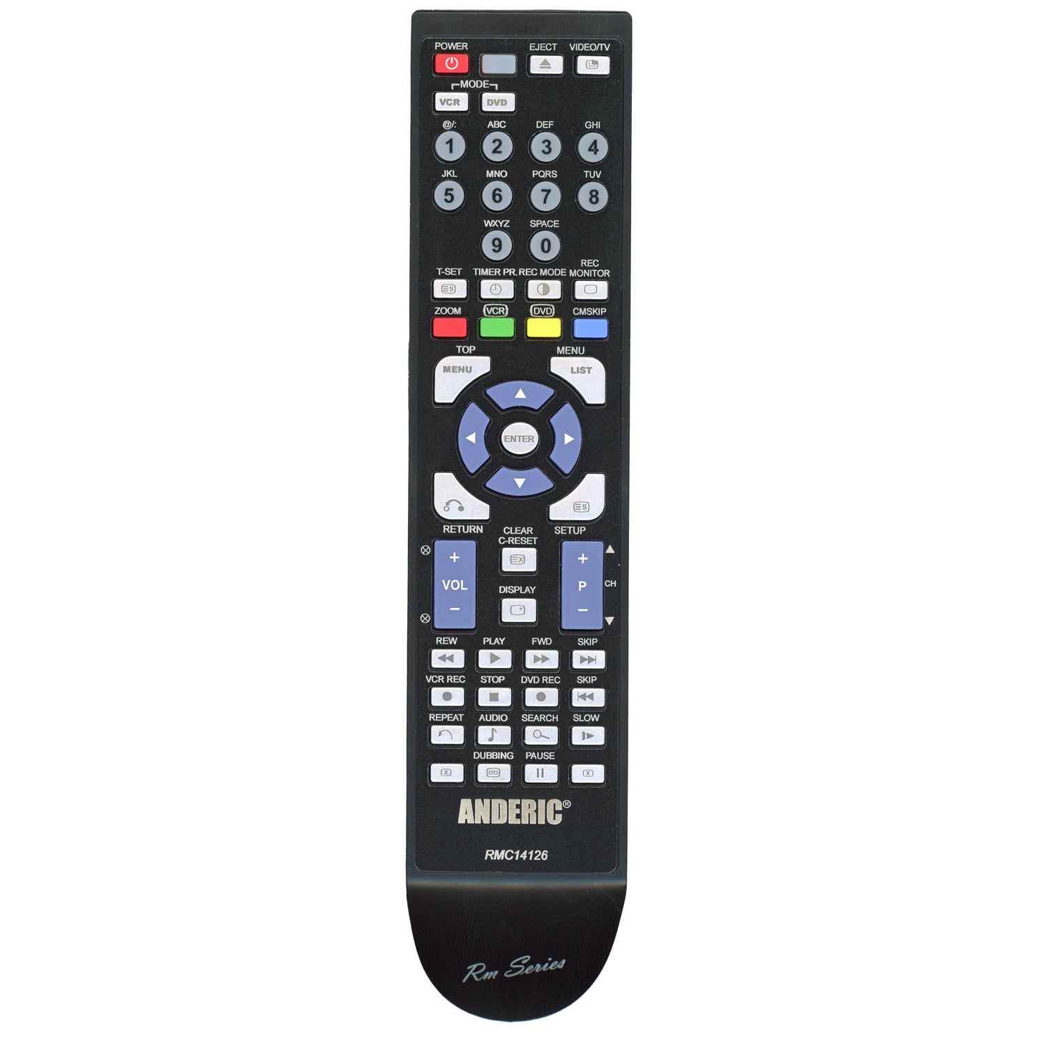 The ANDERIC 9HSNB130UD / 9HSNB114 RMC14126 is a universal remote for Sharp & Funai DVD/VCR combos, featuring multiple labeled buttons by section and no programming needed, ideal as a reliable replacement.