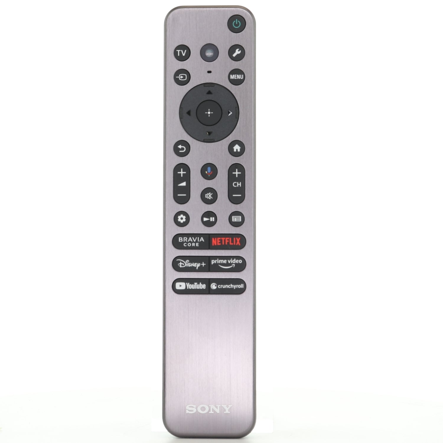 A silver Sony RMF-TX910U Backlight Remote Control with voice for BRAVIA XR and MASTER Series OLED 4K HDR Google Smart TVs—features power, volume, navigation, and streaming buttons; ideal as a replacement for 1-016-949-21.