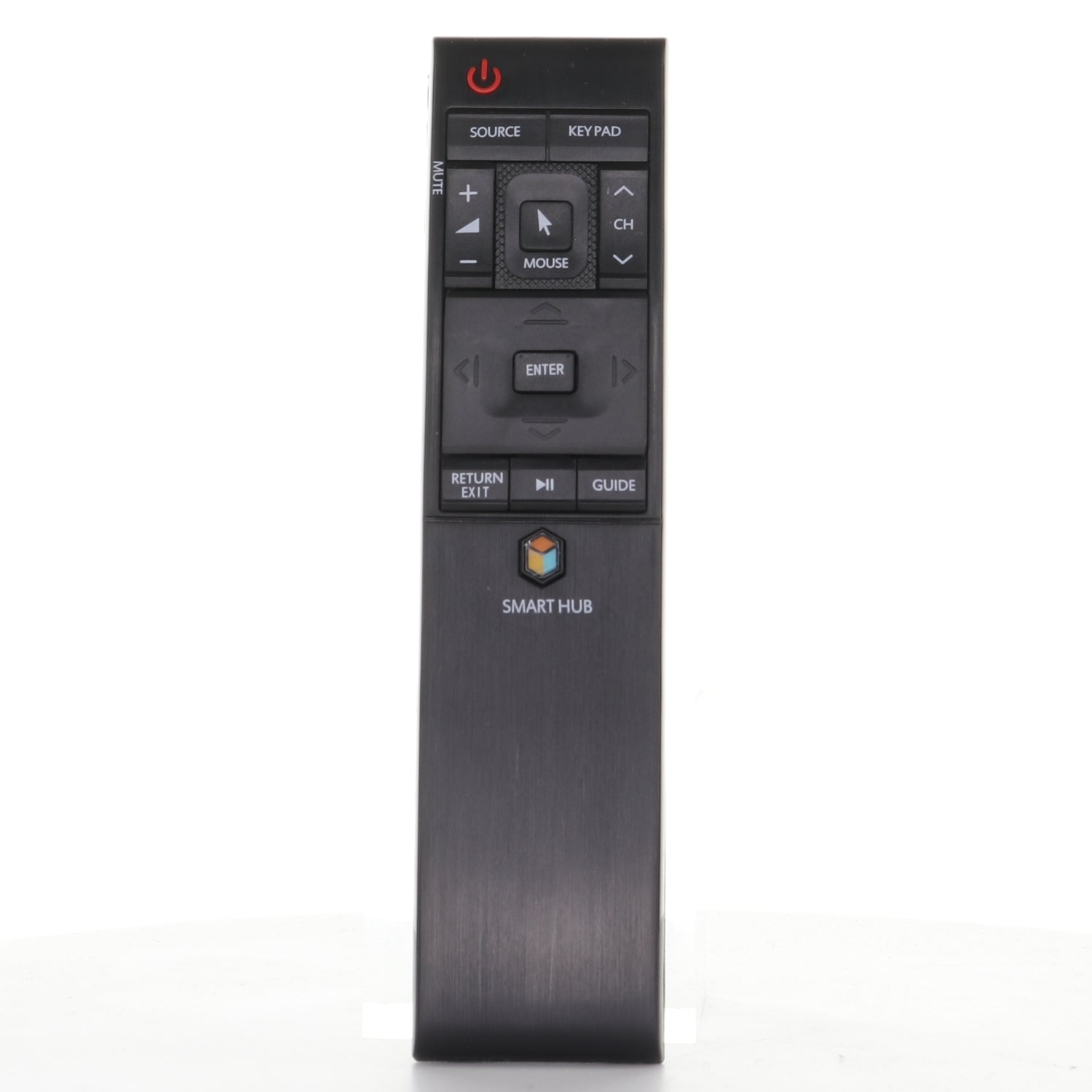 A Samsung BN59-01220E 2015 SMART RF TV Remote Control (BN5901220E), black with power, volume, channel, navigation buttons and a central "Smart Hub," is shown upright against a white background.