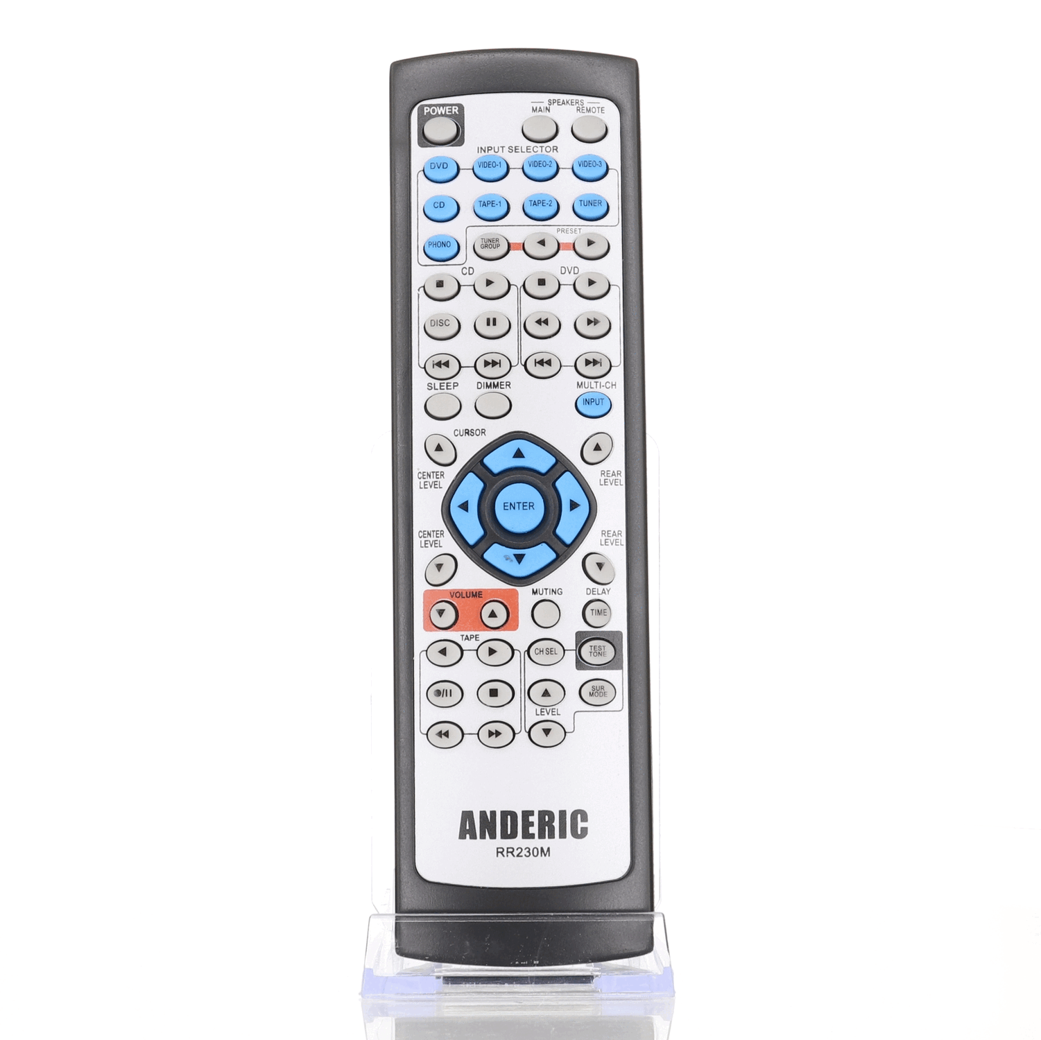 The Anderic RR230M Replacement Remote Control for Onkyo & Integra A/V Receivers (RC-230M) features grey and blue TV operation buttons, comes in black and silver, and is shown upright on a clear plastic stand. No programming required.