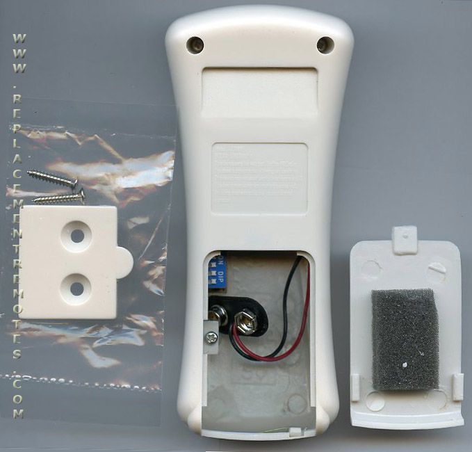 Back view of a disassembled Anderic CHQ7080T / UC7080T remote for Hampton Bay Ceiling Fan, featuring an open battery compartment, two screws, a plastic cover, and packaging beside it.