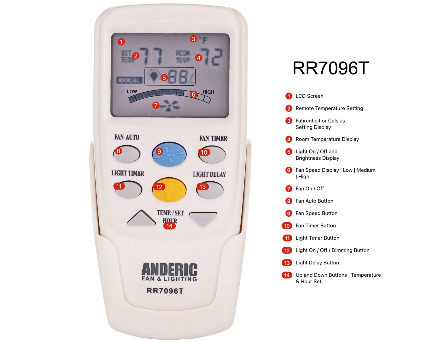 Anderic RR7096T Replacement Thermostatic Ceiling Fan Remote Control with Fan Timer Key | CHQ7096T, CHQ8BT7096T