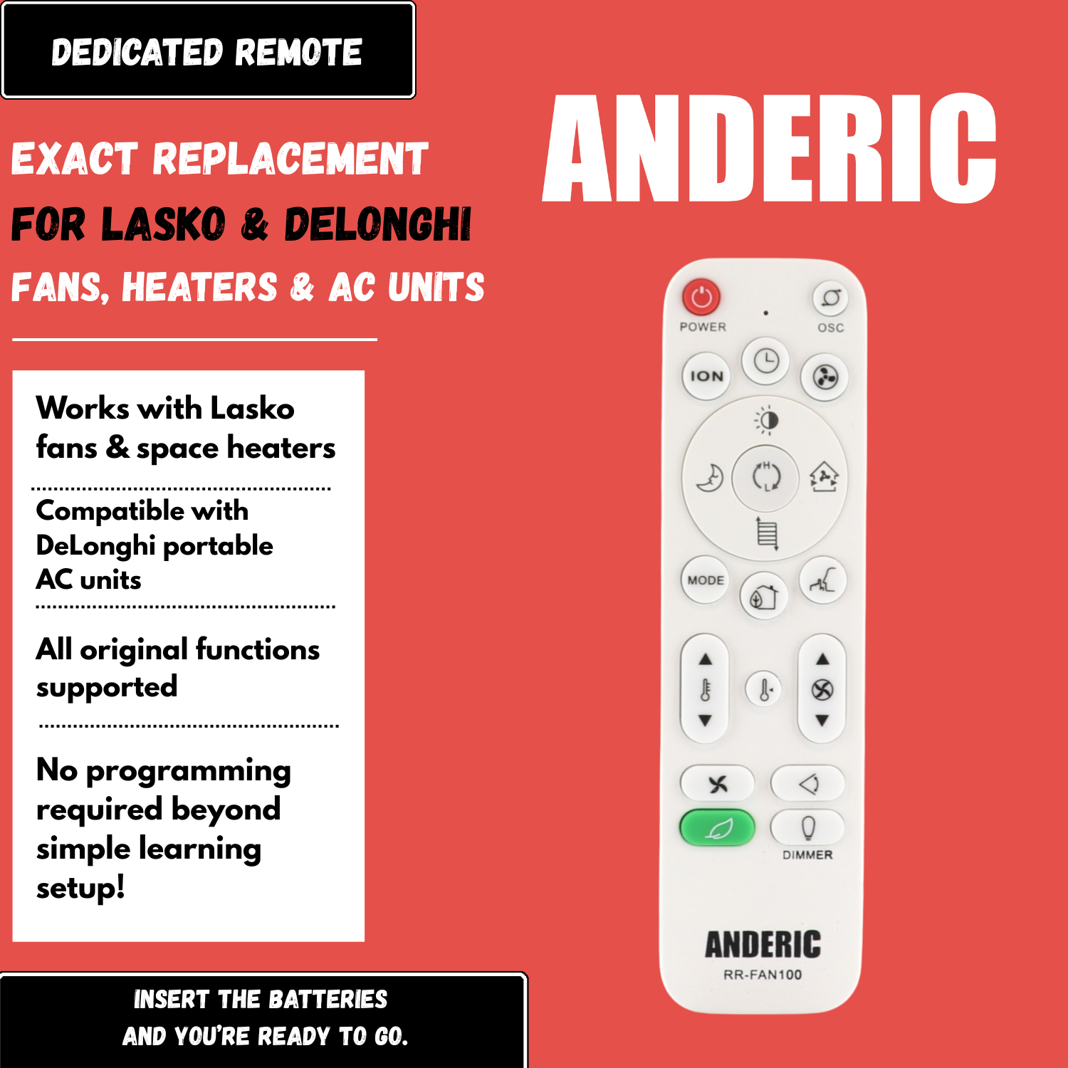 Télécommande universelle pour radiateurs soufflants et ventilateurs sur pied Anderic | Apprentissage | Lasko | DeLonghi - RRFAN100A