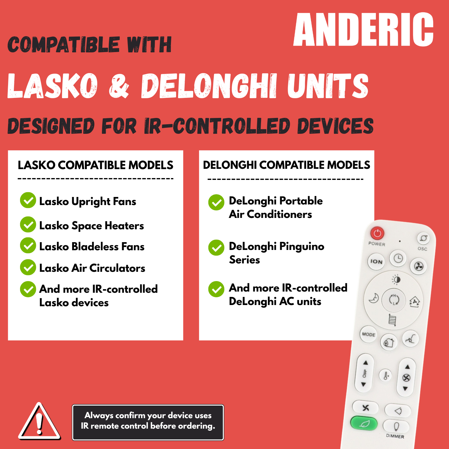 Télécommande universelle pour radiateurs soufflants et ventilateurs sur pied Anderic | Apprentissage | Lasko | DeLonghi - RRFAN100A