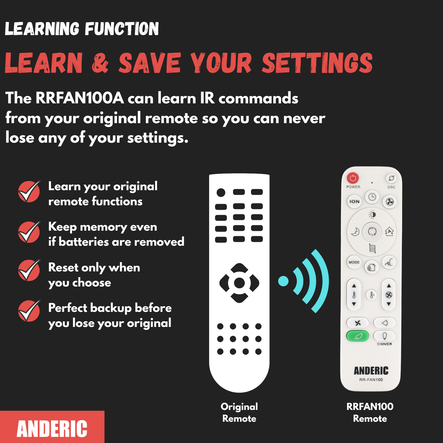 Télécommande universelle pour radiateurs soufflants et ventilateurs sur pied Anderic | Apprentissage | Lasko | DeLonghi - RRFAN100A