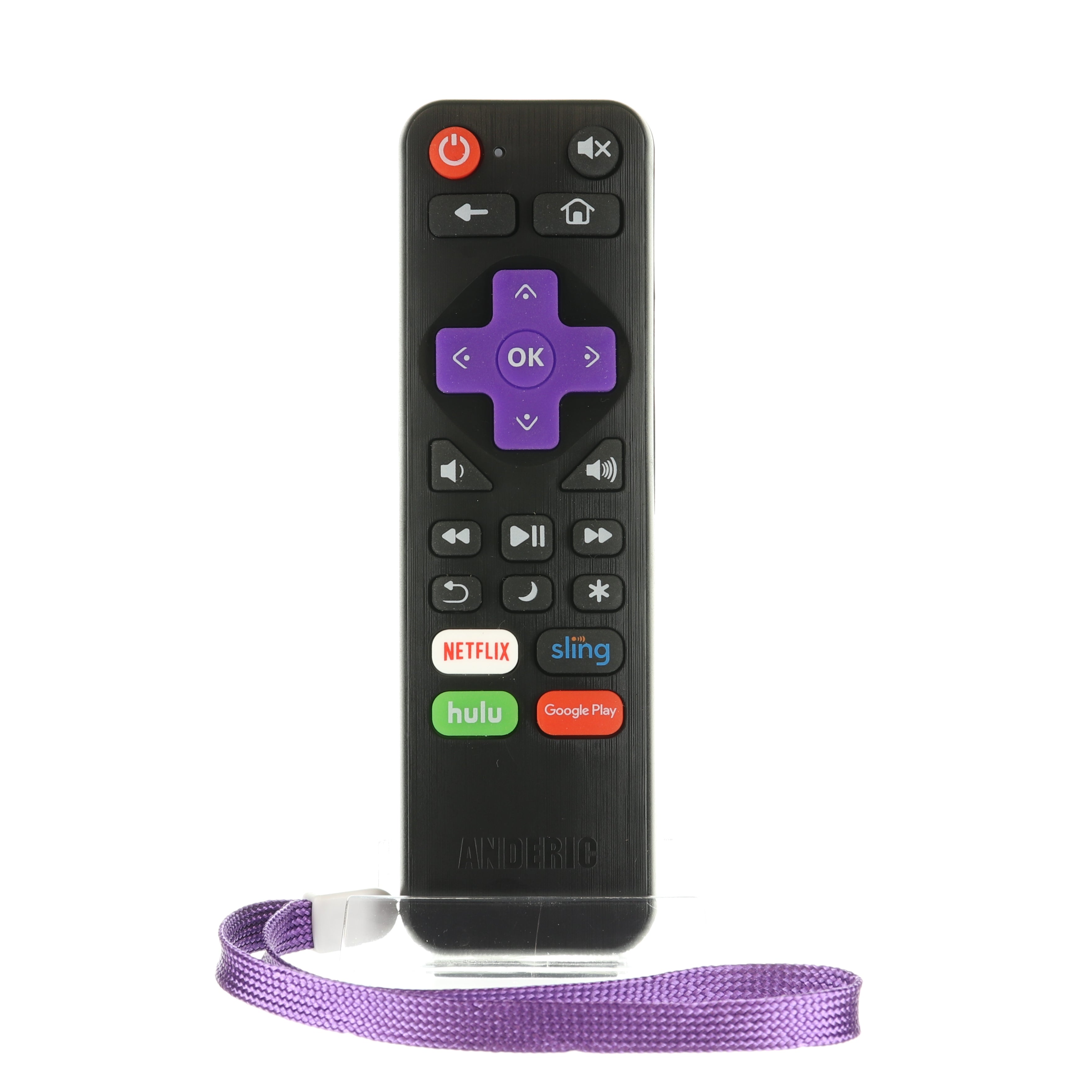 The Anderic RRNS17 for Insignia Roku Enhanced TV Remote Control is black and includes a purple navigation ring, a wrist strap, and conveniently features streaming service buttons for Netflix, Sling, Hulu, Google Play, plus a Netflix shortcut key.