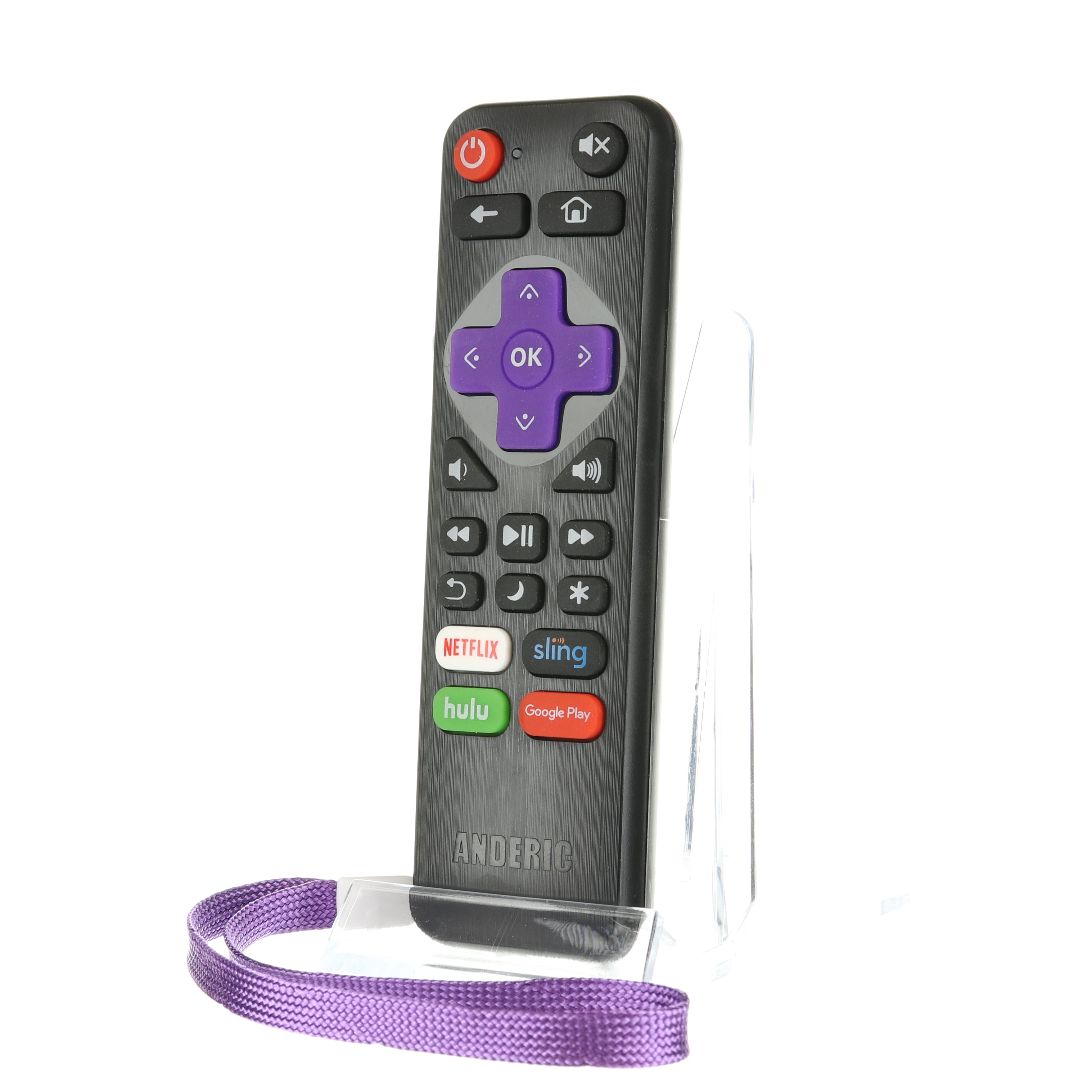 Introducing the sleek Anderic RRNS17 remote for Insignia Roku TVs, featuring a vibrant purple directional pad, Netflix shortcut key, and buttons for Sling, Hulu, Google Play. This black remote also includes a stylish purple wrist strap for easy access.