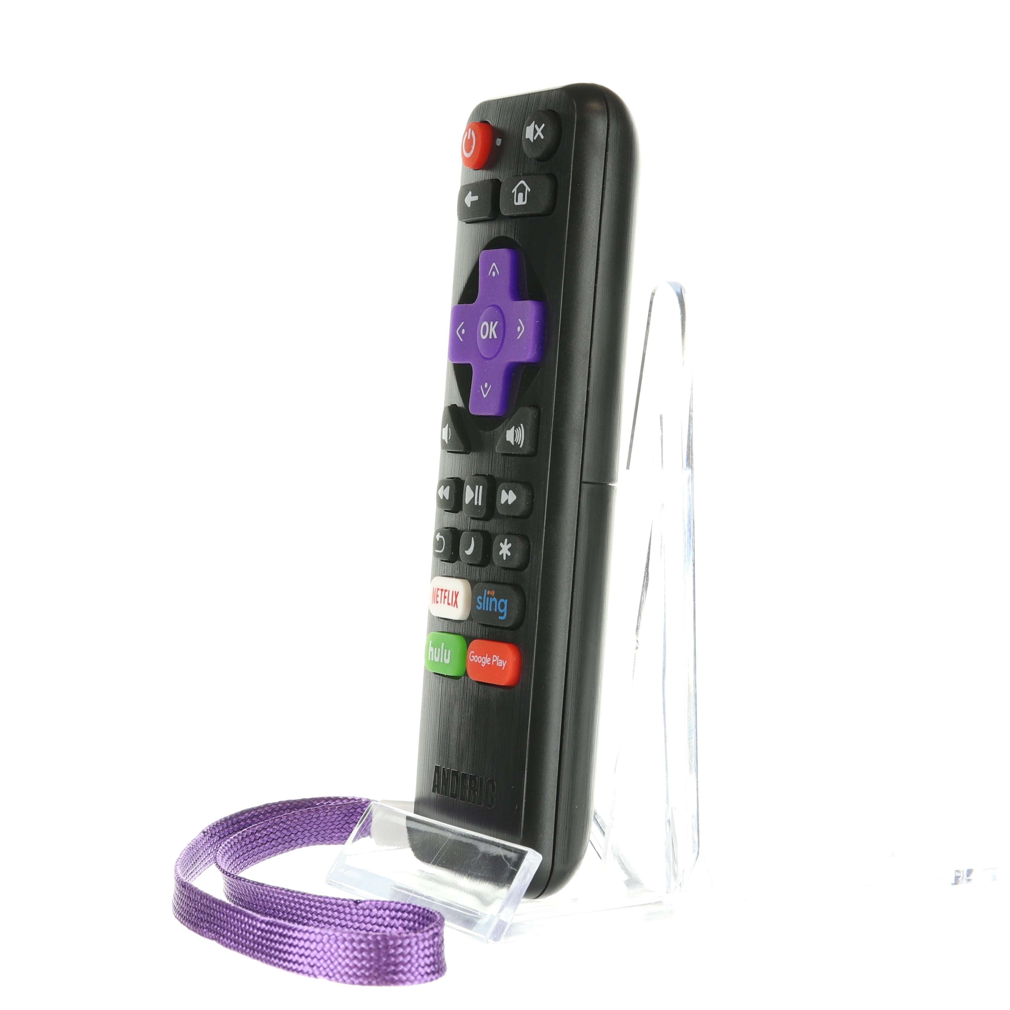 The Anderic RRNS17 for Insignia Roku Enhanced TV Remote Control, featuring purple navigation and branded streaming buttons like Netflix, is displayed on a clear stand. It includes a purple lanyard for easy handling.