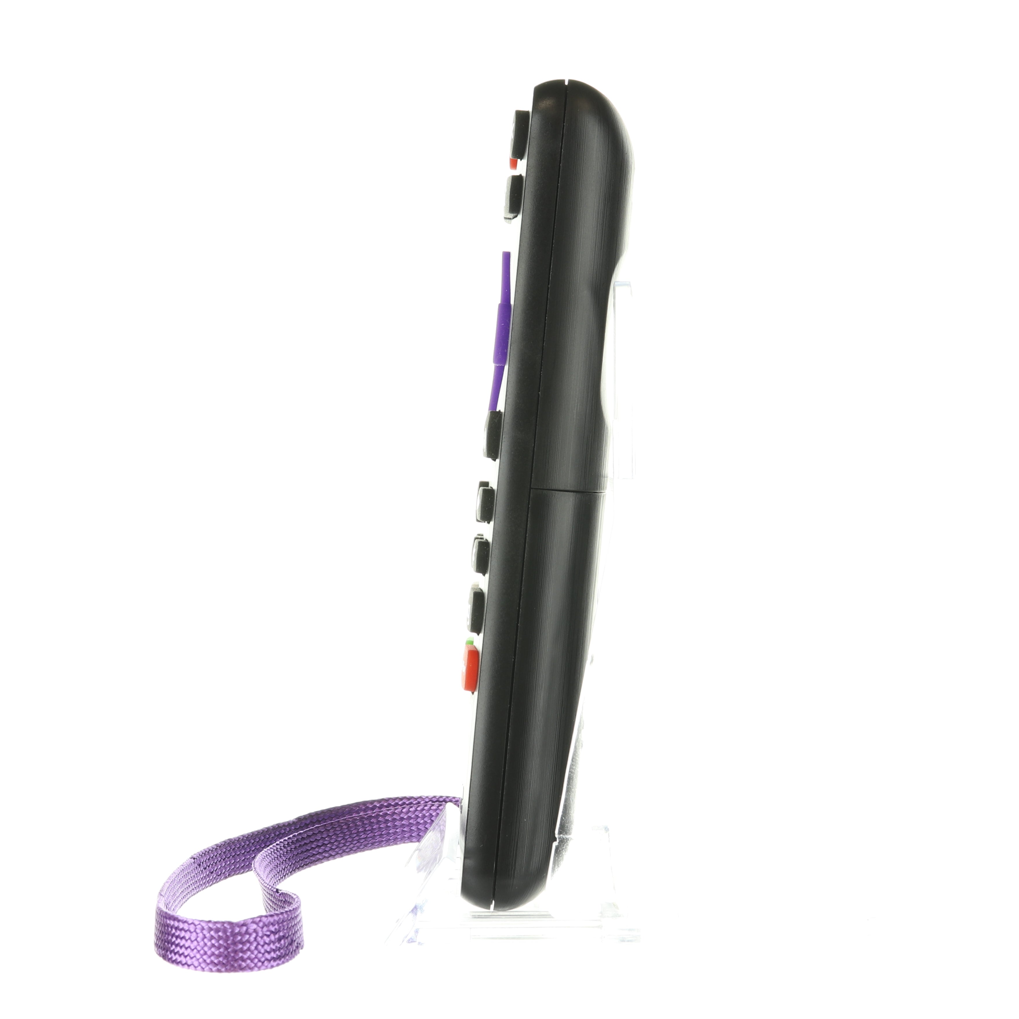 A side view of the Anderic RRNS17 for Insignia Roku Enhanced TV Remote Control in black, featuring colorful buttons and a purple strap, stands upright on a transparent stand. It includes Netflix shortcut keys, making it ideal for Insignia Roku TVs.
