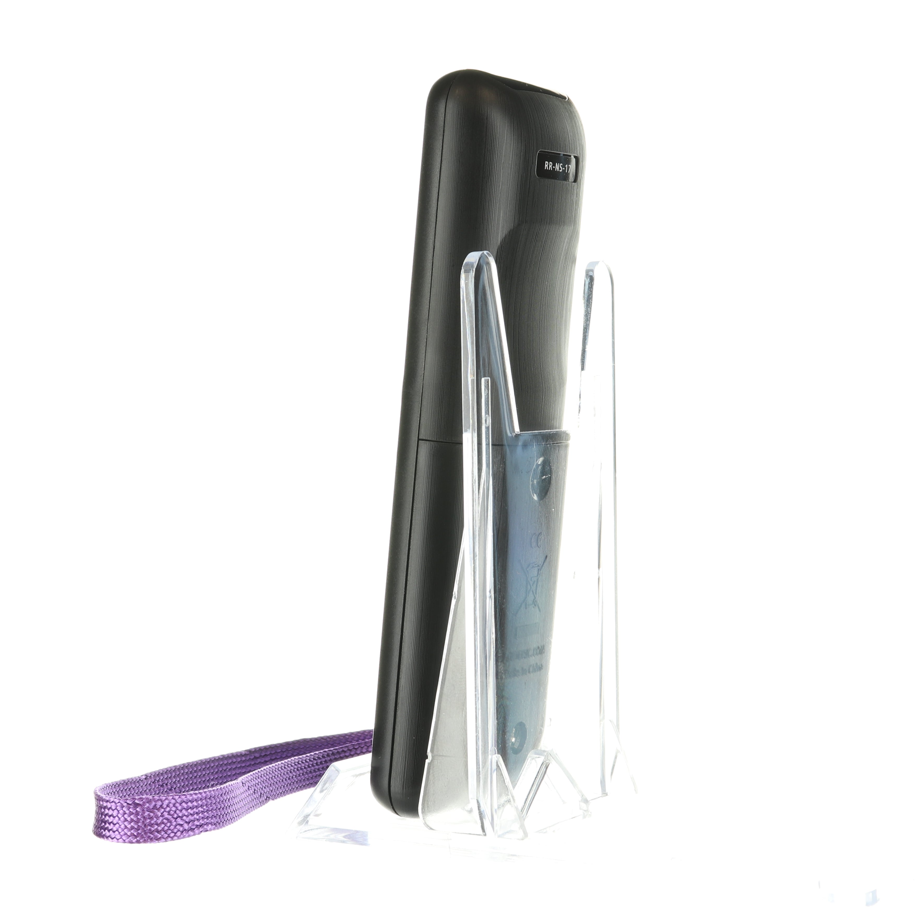 The Anderic RRNS17 for Insignia Roku Enhanced TV Remote Control, in black and featuring a purple strap, is showcased on a transparent stand from the side, resembling a sleek replacement remote potentially offering Netflix shortcut keys.