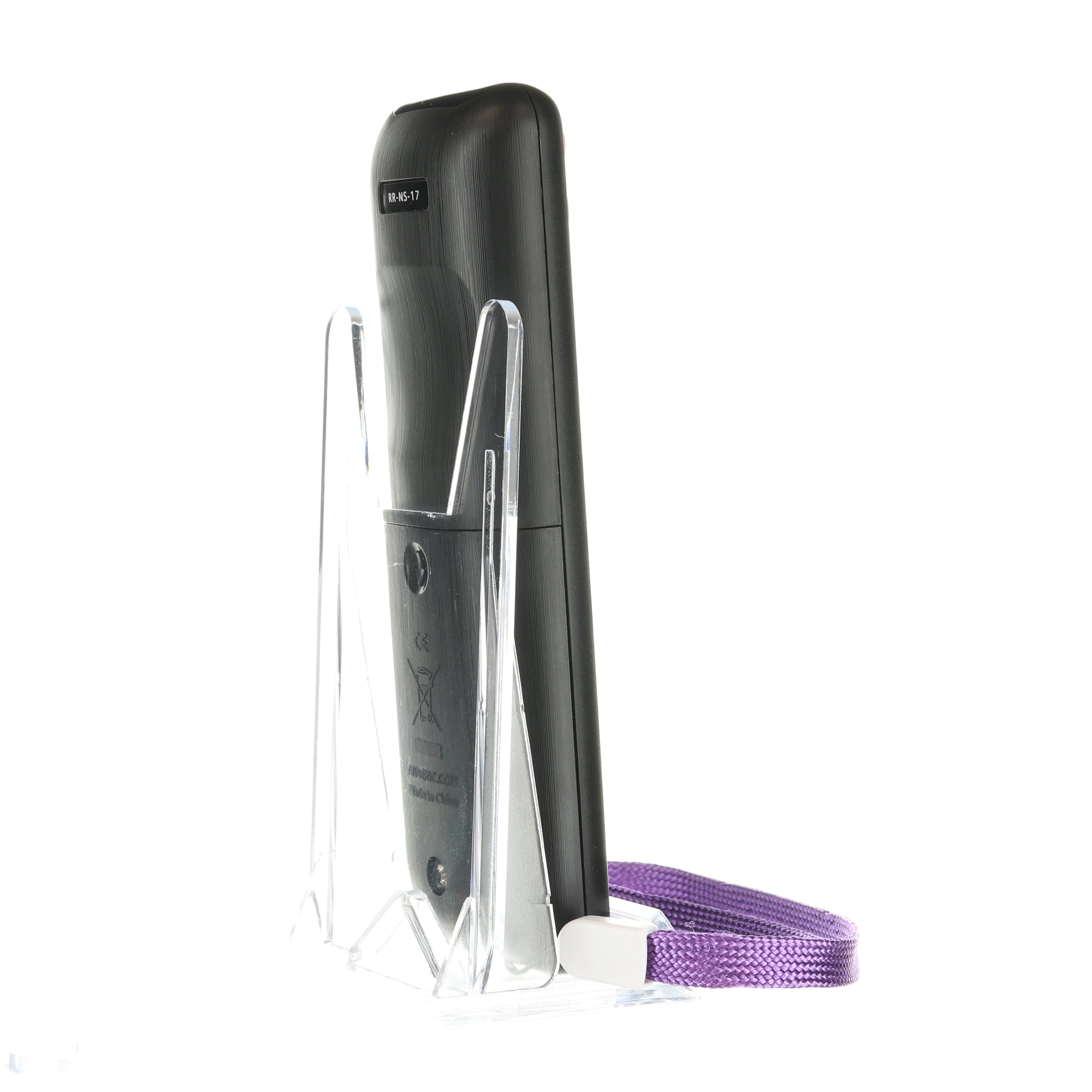 An Anderic RRNS17 for Insignia Roku Enhanced TV Remote Control stands upright in a clear holder, featuring a purple strap at the bottom.