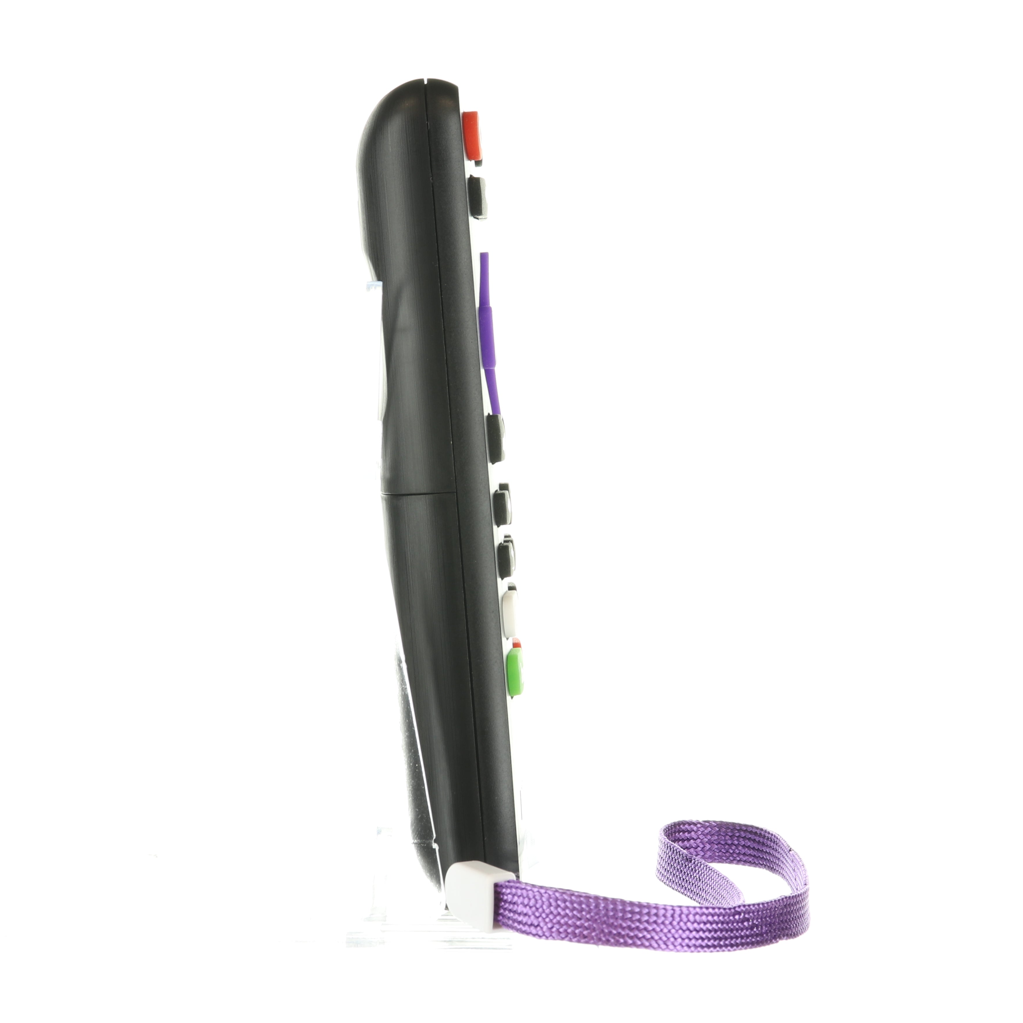 Side view of a black Anderic RRNS17 for Insignia Roku Enhanced TV Remote Control, featuring multicolored buttons and a purple wrist strap.
