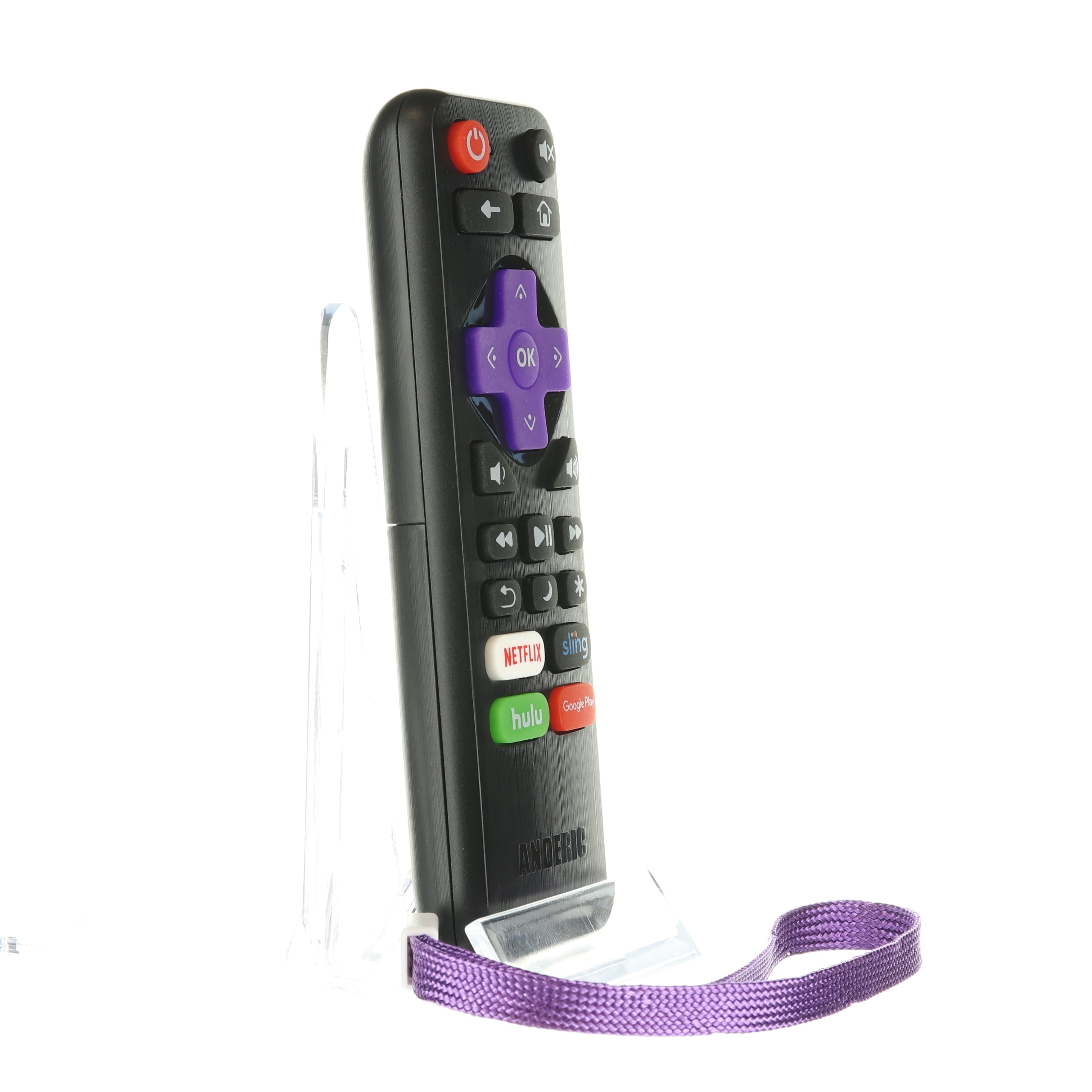 A sleek Anderic RRNS17 remote with a black design, featuring Netflix, Hulu, and Google Play buttons. It has a unique purple navigation pad and includes a stylish clear stand with a purple wrist strap, ideal as an Insignia Roku TV remote replacement.