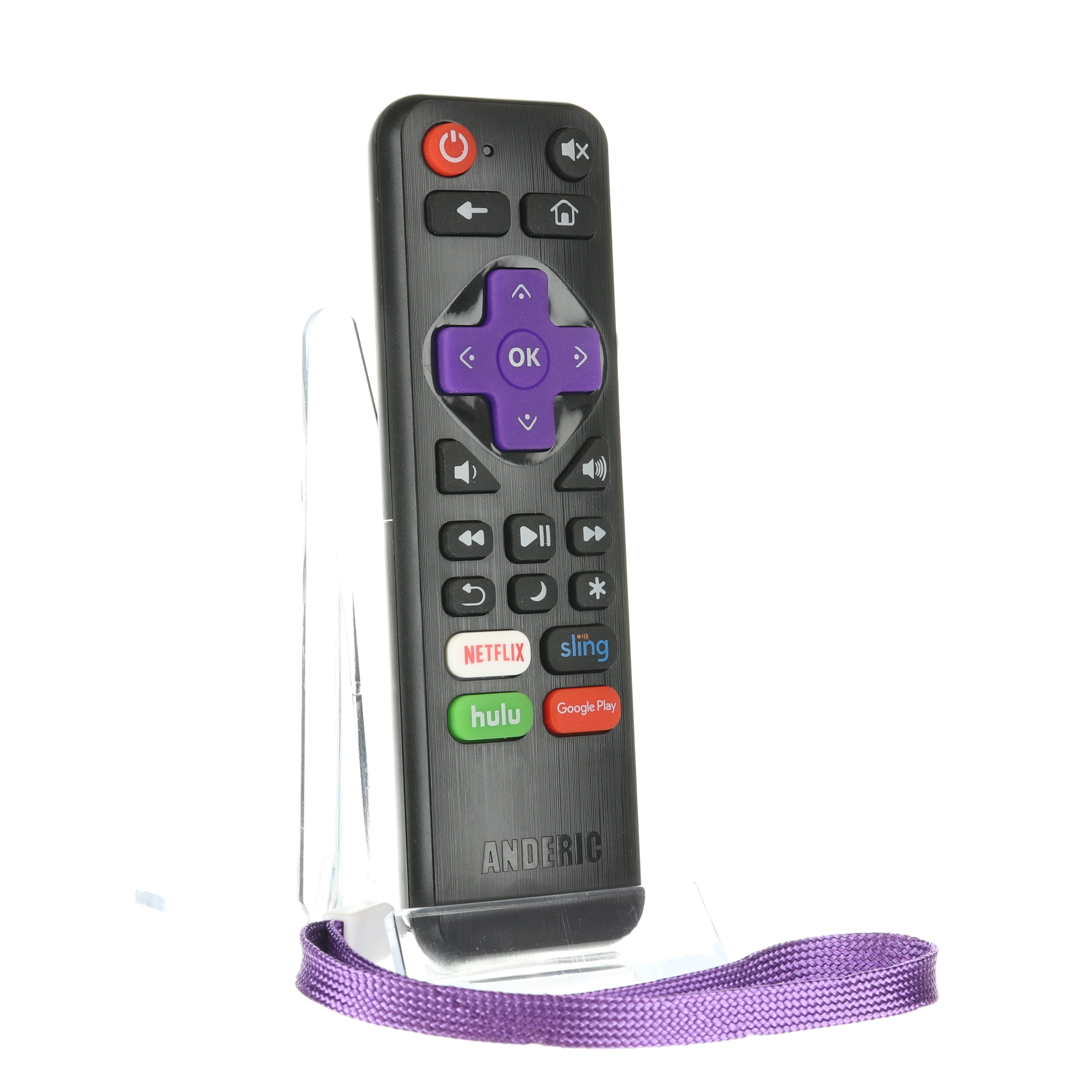 The Anderic RRNS17 for Insignia Roku Enhanced TV Remote Control, with a purple directional pad, function buttons, and streaming buttons for Netflix, Hulu, Sling, and Google Play sits elegantly on a clear stand—ideal as a replacement for your entertainment hub.