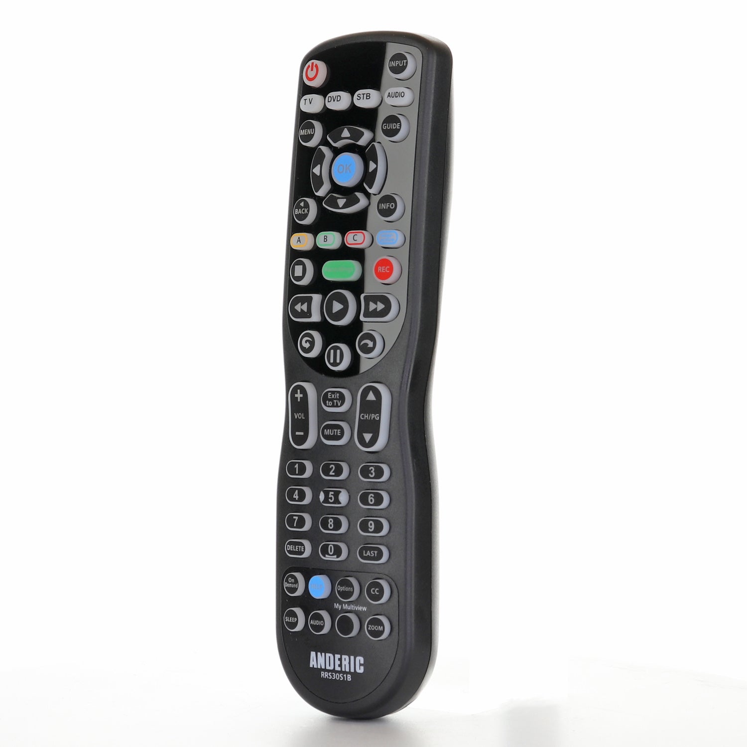 A black Anderic S30-S1B remote control for AT&T U-VERSE Cable Set top boxes.